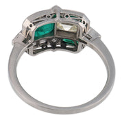 Art Deco style diamond emerald platinum toi et moi ring