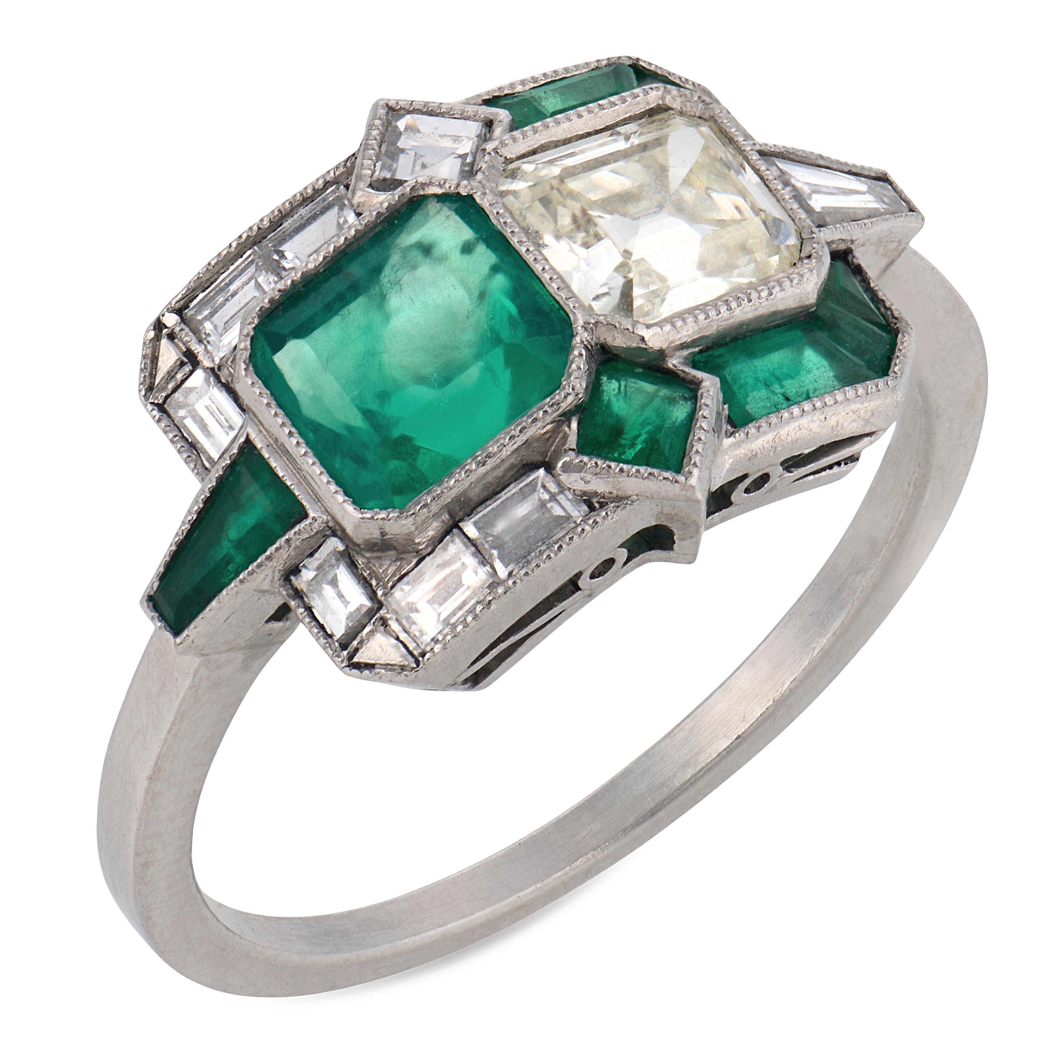 Art Deco style diamond emerald platinum toi et moi ring