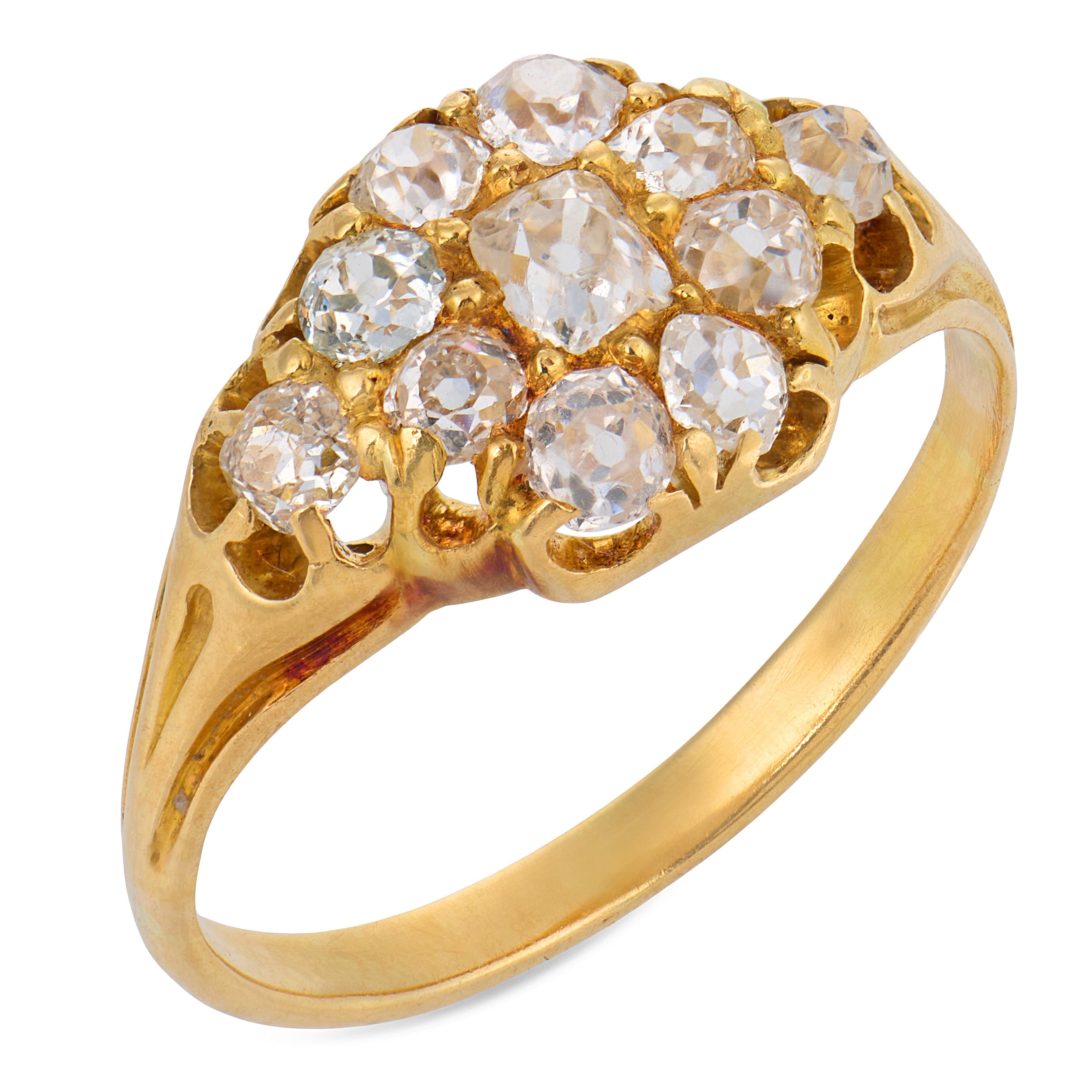 Victorian old mine cut diamond 18k yellow gold cluster ring