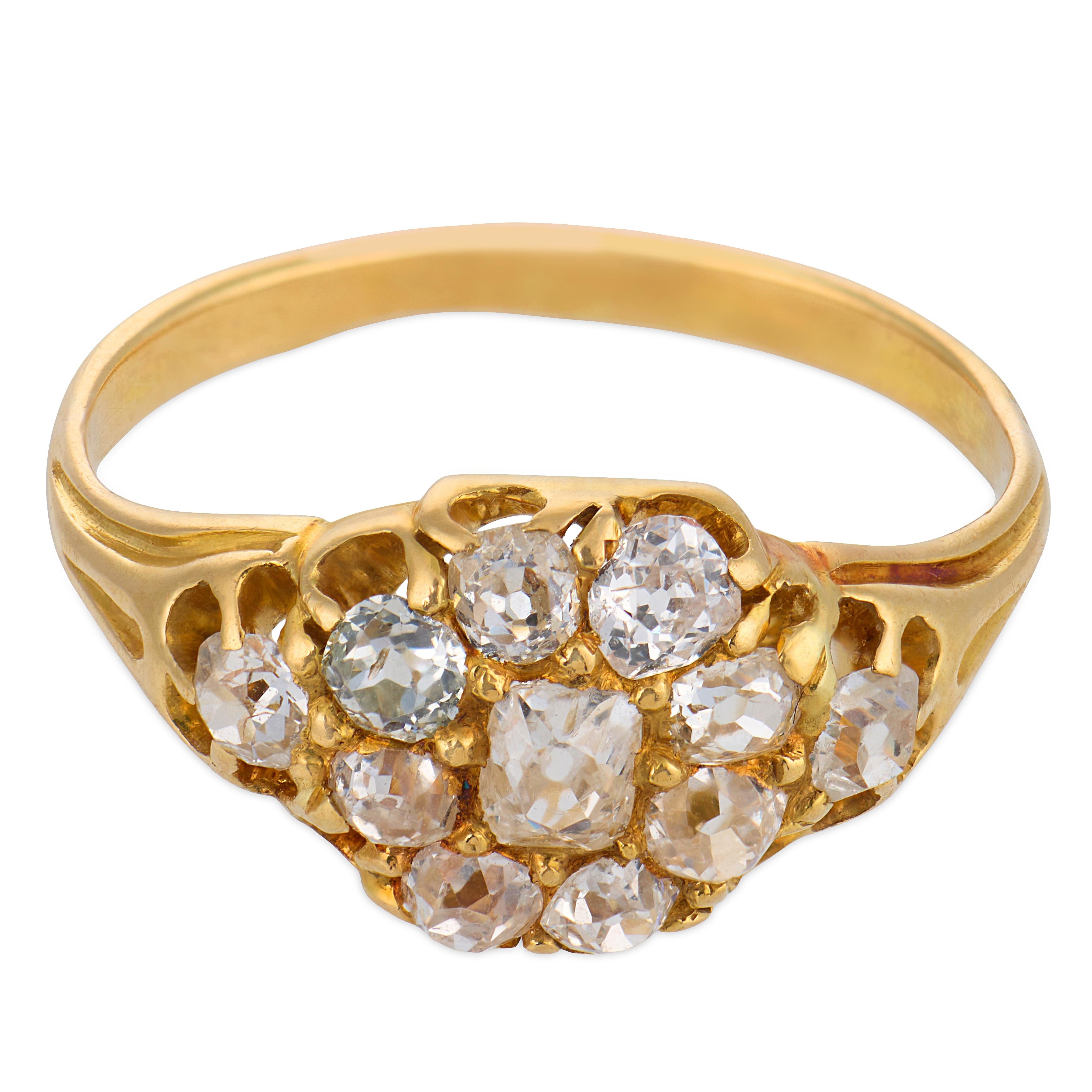 Victorian old mine cut diamond 18k yellow gold cluster ring