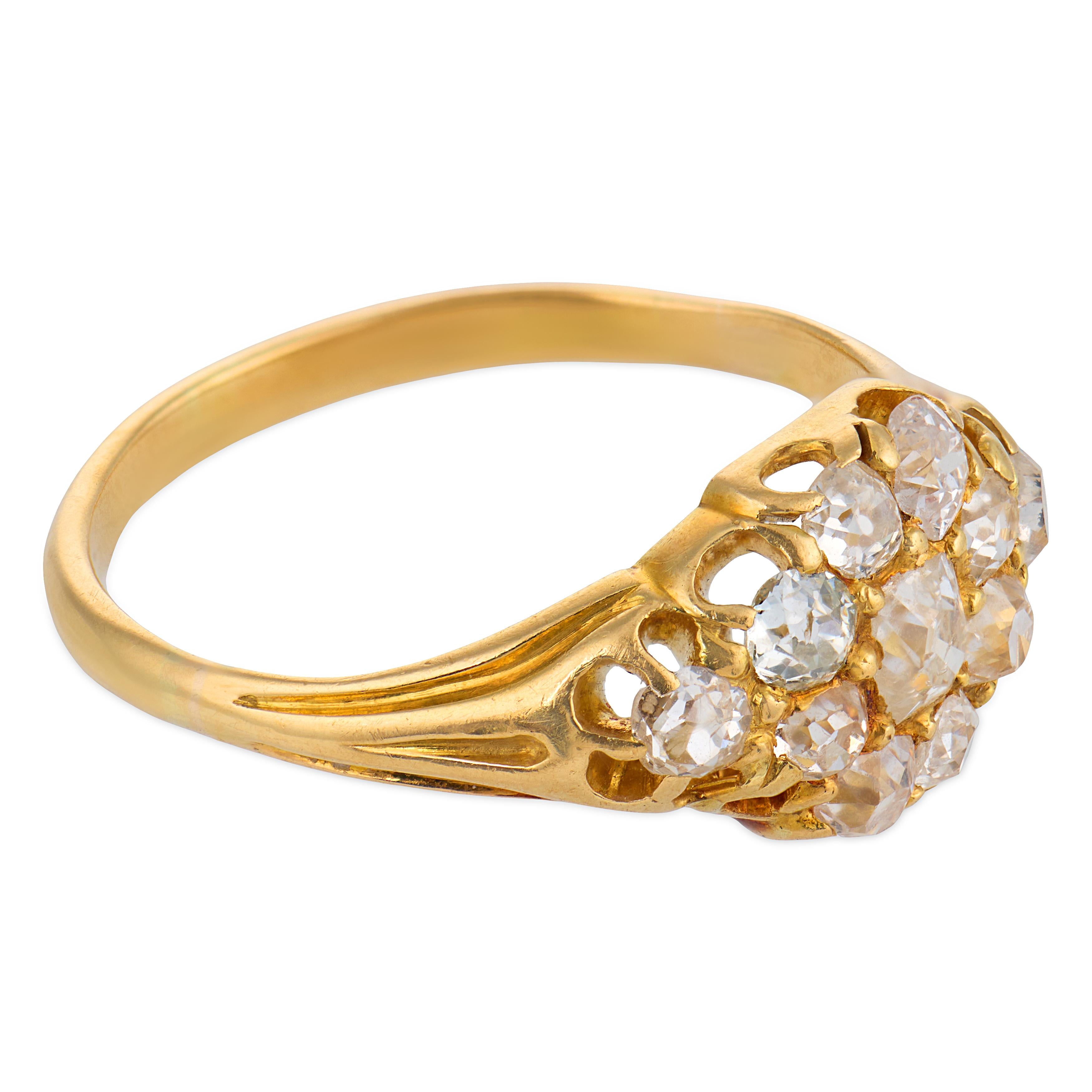Victorian old mine cut diamond 18k yellow gold cluster ring