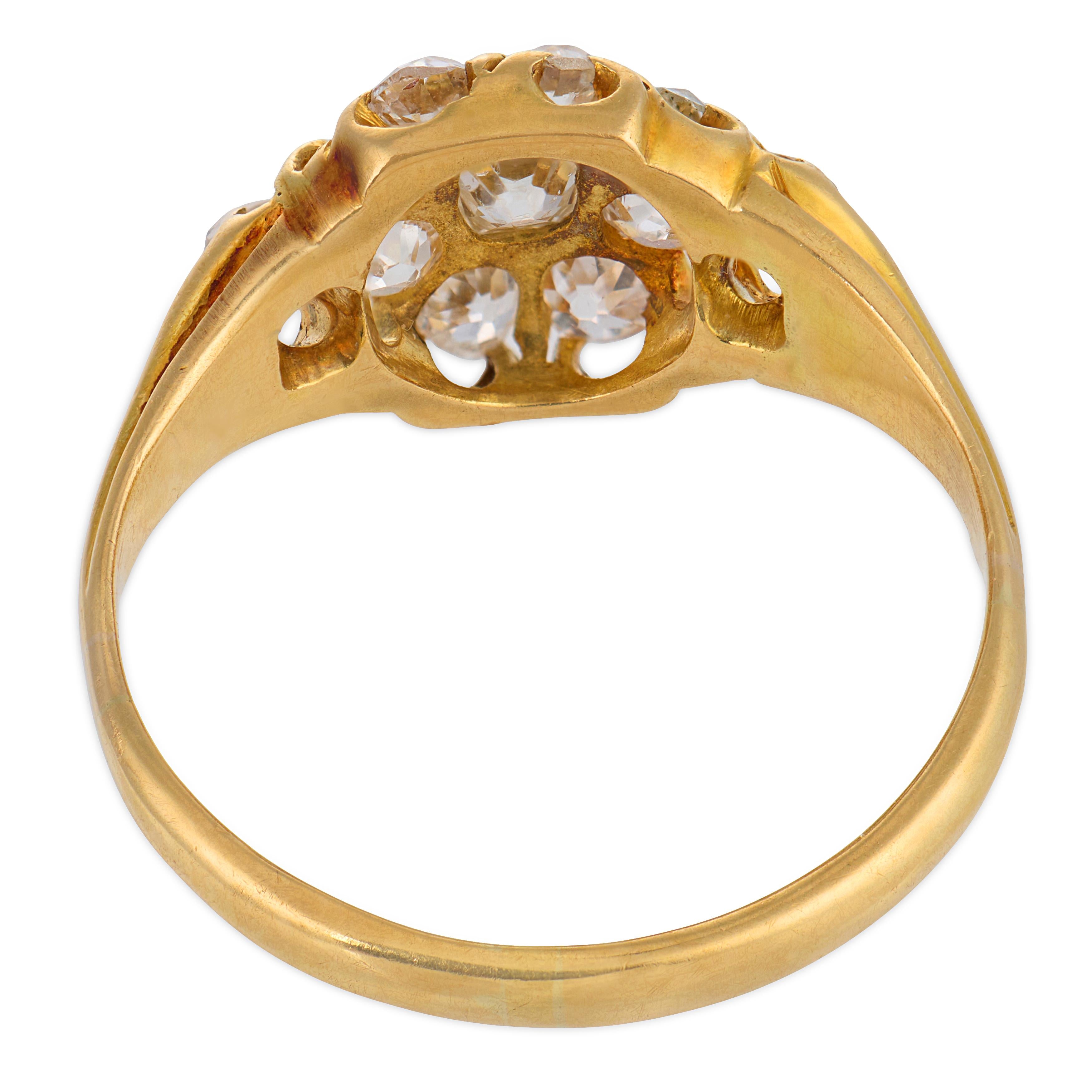 Victorian old mine cut diamond 18k yellow gold cluster ring