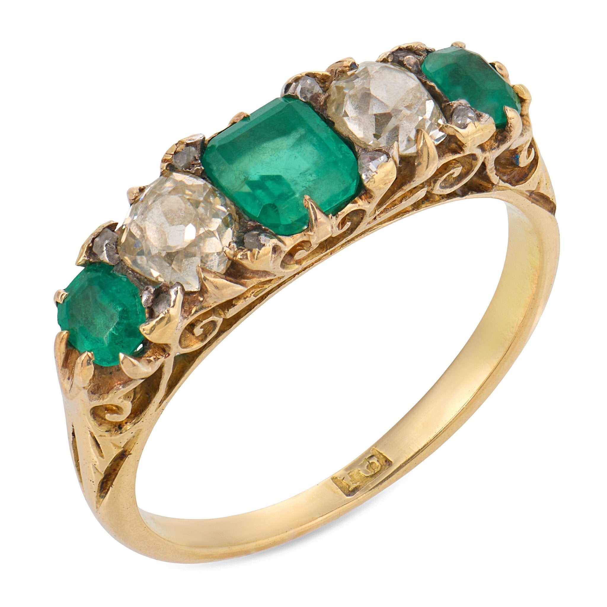 Victorian emerald diamond 14k yellow gold 5 stone ring