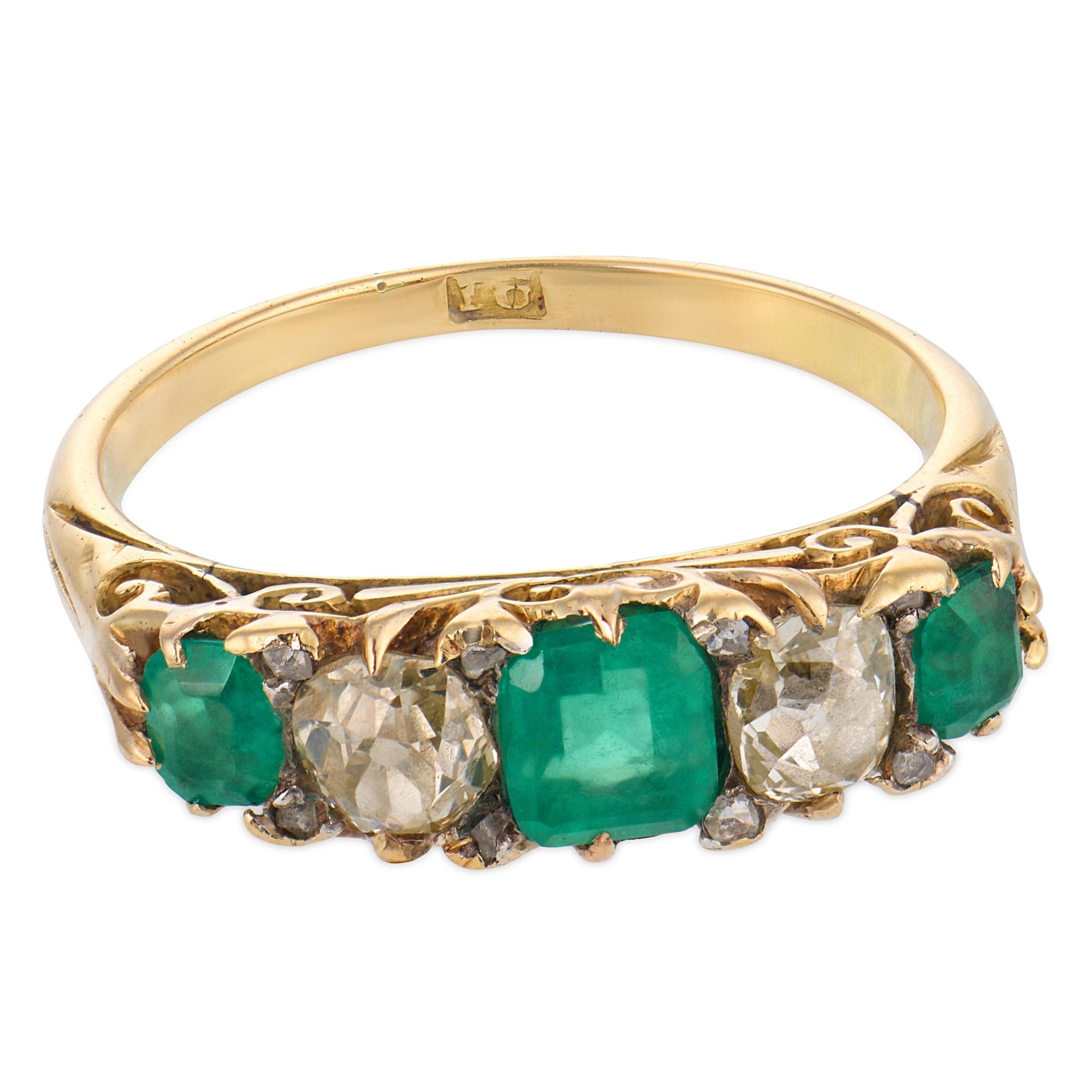 Victorian emerald diamond 14k yellow gold 5 stone ring