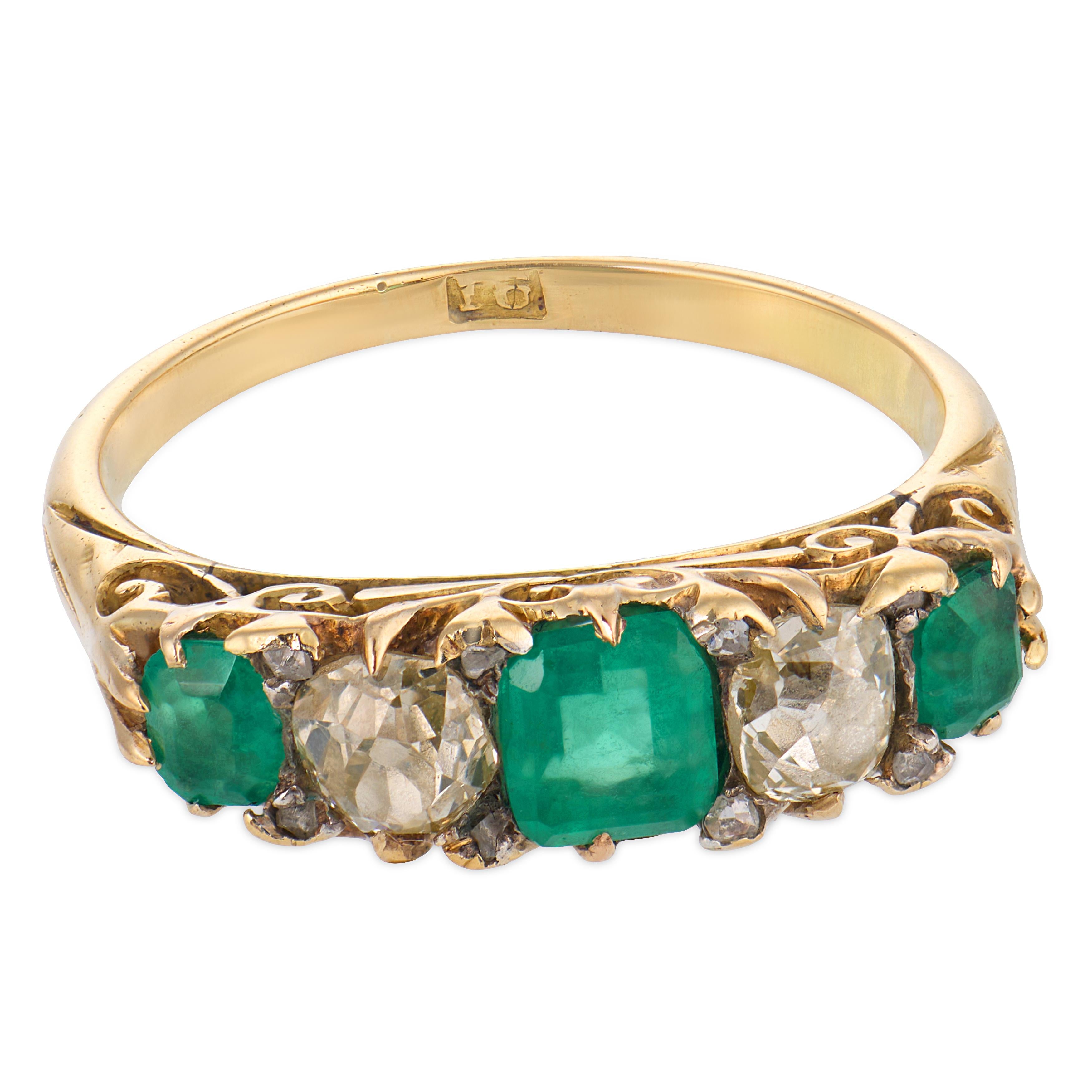 Victorian emerald diamond 14k yellow gold 5 stone ring