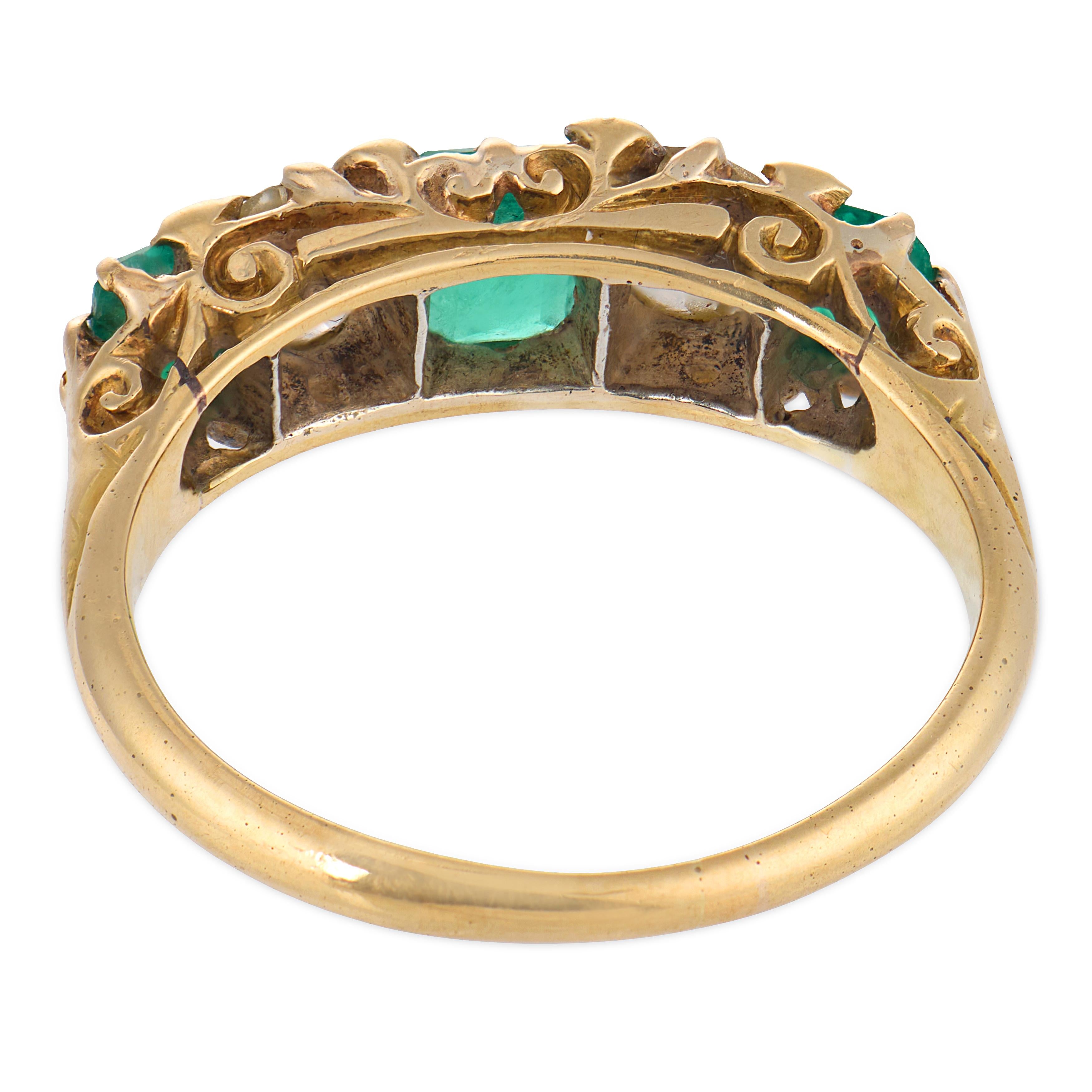 Victorian emerald diamond 14k yellow gold 5 stone ring