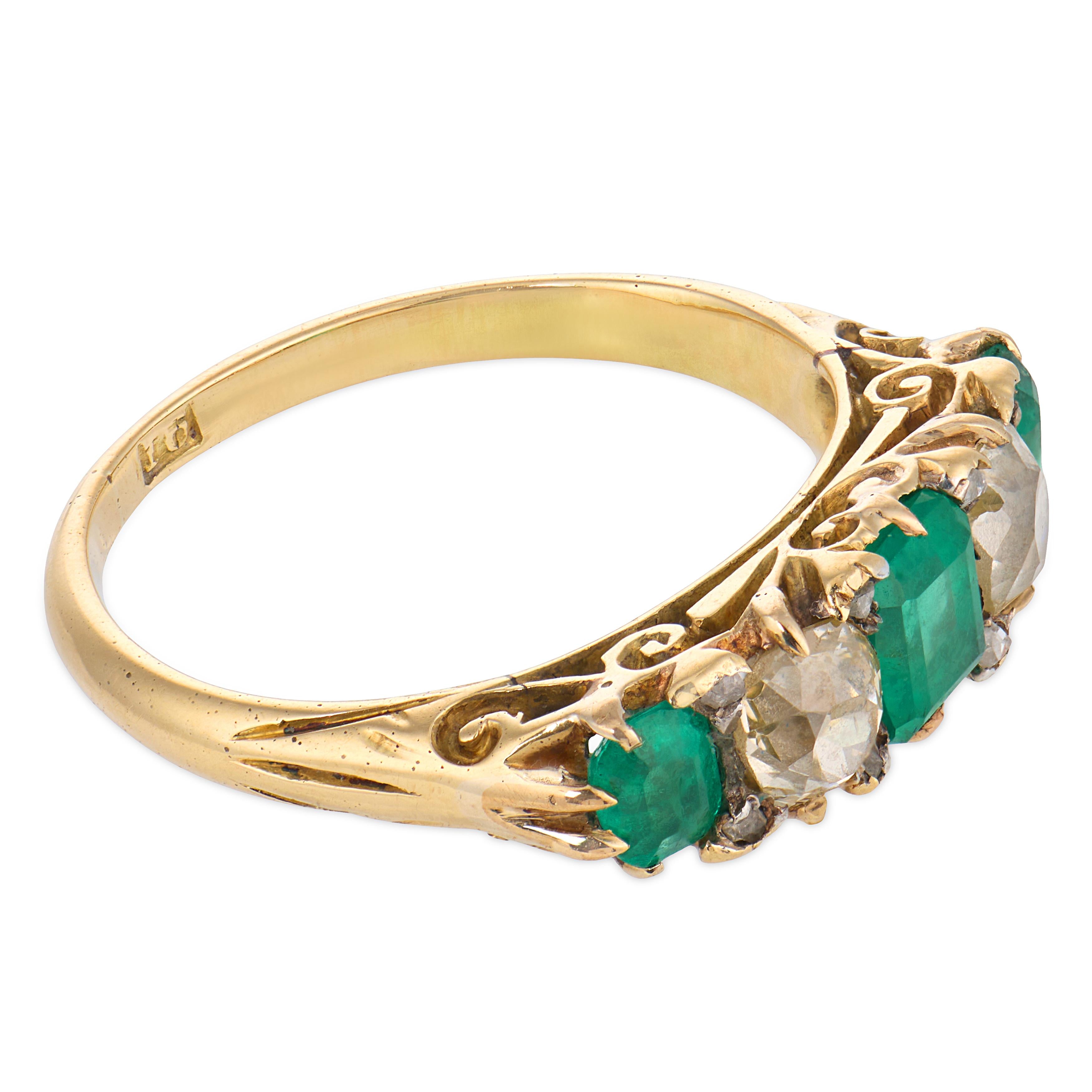 Victorian emerald diamond 14k yellow gold 5 stone ring