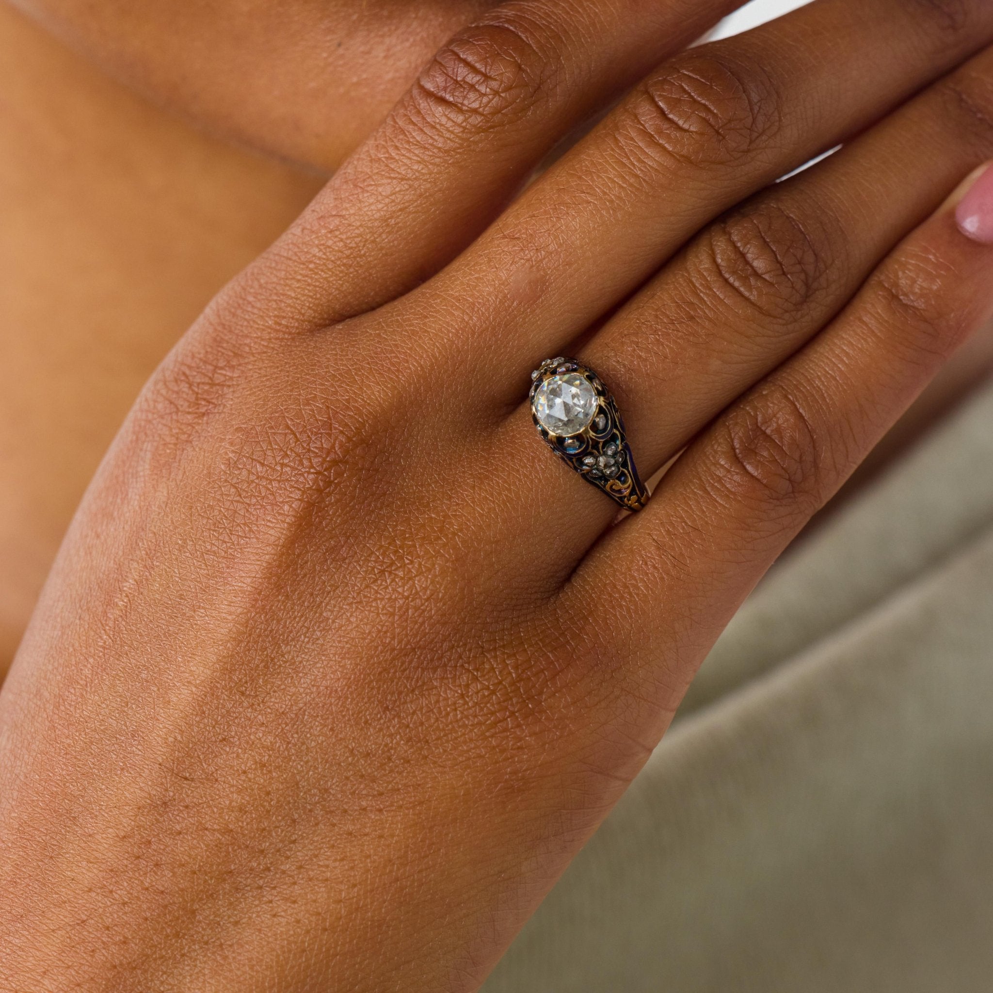 Victorian rose cut diamond 18k yellow gold enamel engagement ring