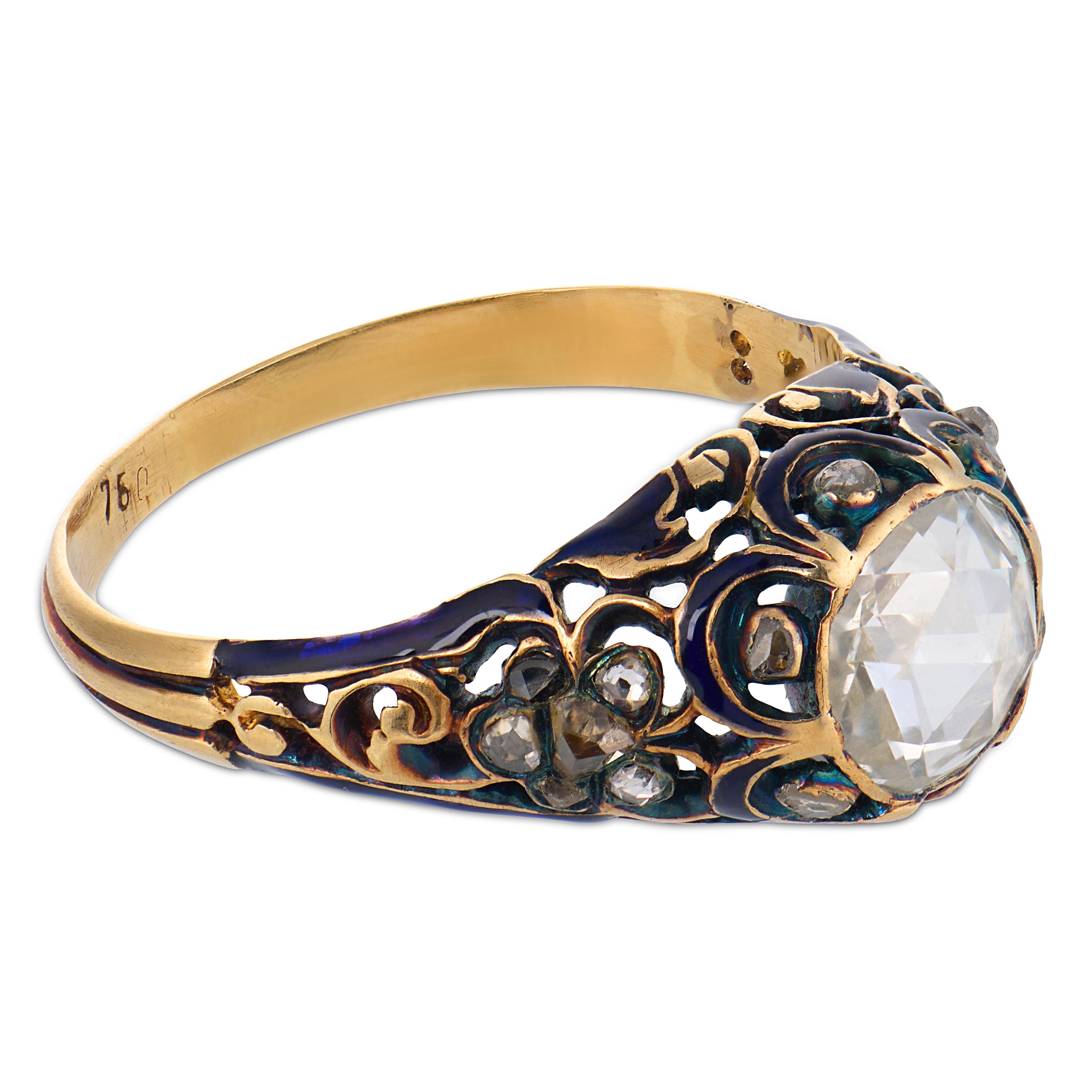 Victorian rose cut diamond 18k yellow gold enamel engagement ring