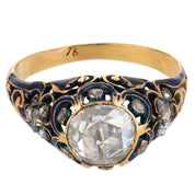 Victorian rose cut diamond 18k yellow gold enamel engagement ring