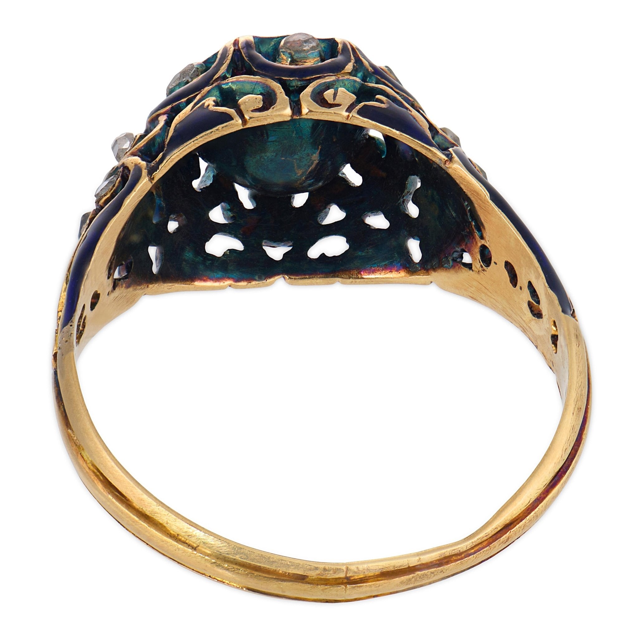 Victorian rose cut diamond 18k yellow gold enamel engagement ring