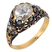 Victorian rose cut diamond 18k yellow gold enamel engagement ring