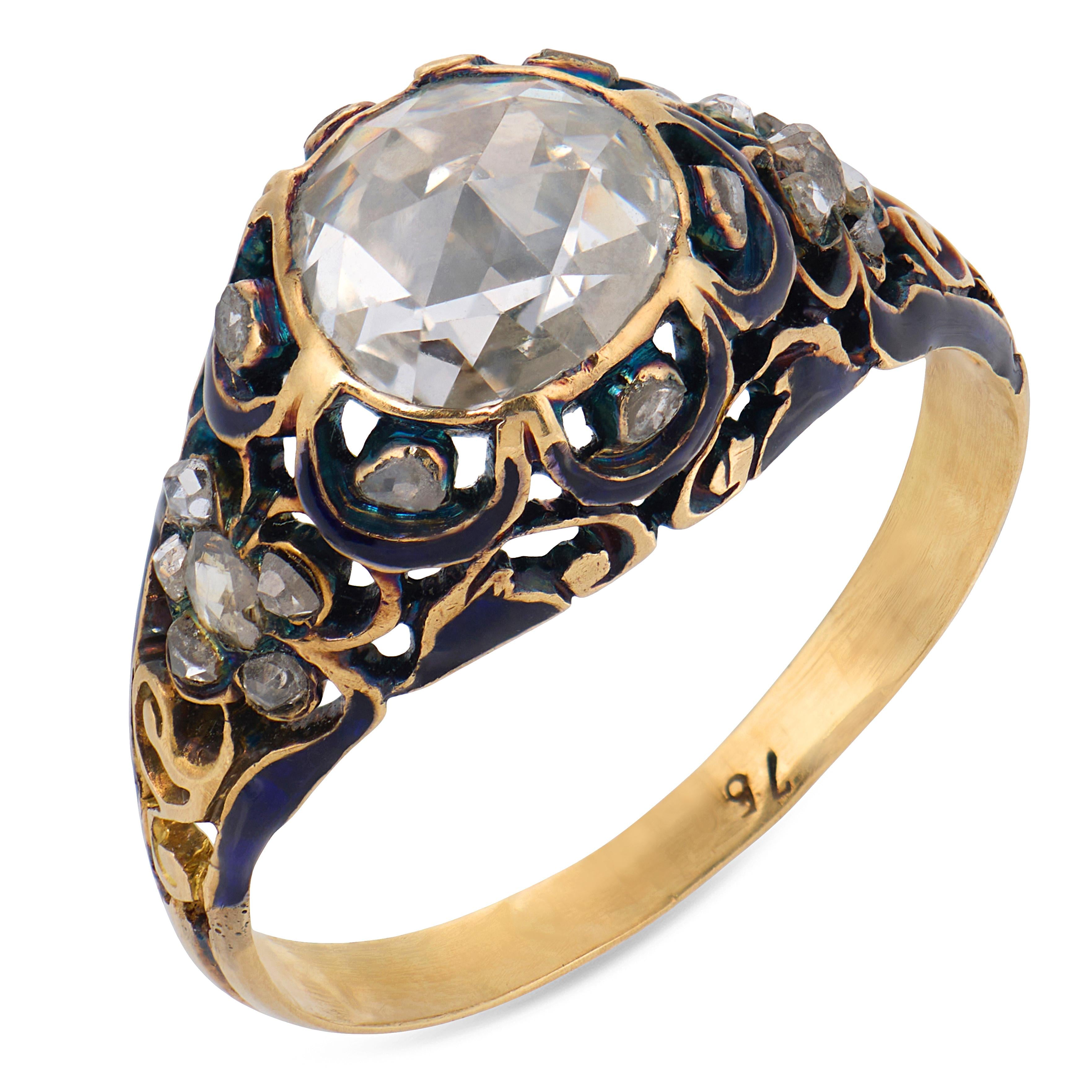 Victorian rose cut diamond 18k yellow gold enamel engagement ring