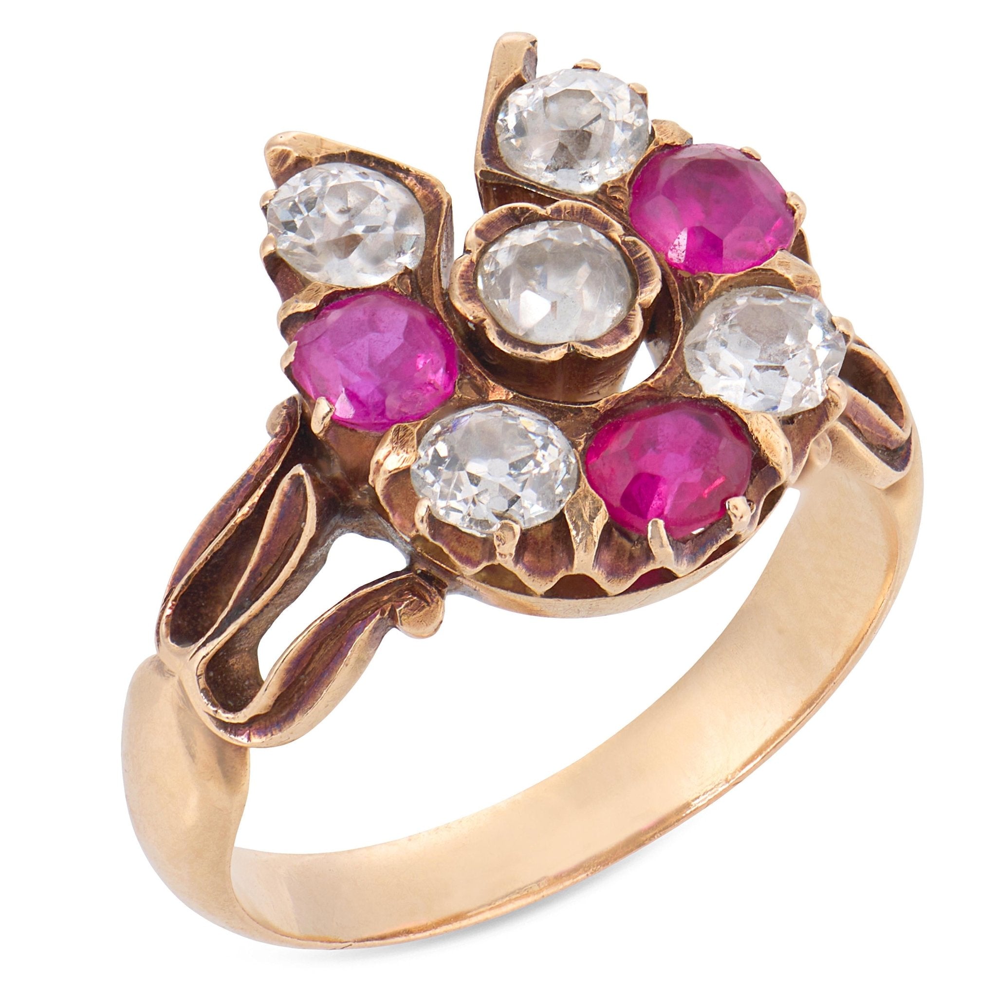 Victorian ruby diamond 14k rose gold horseshoe ring