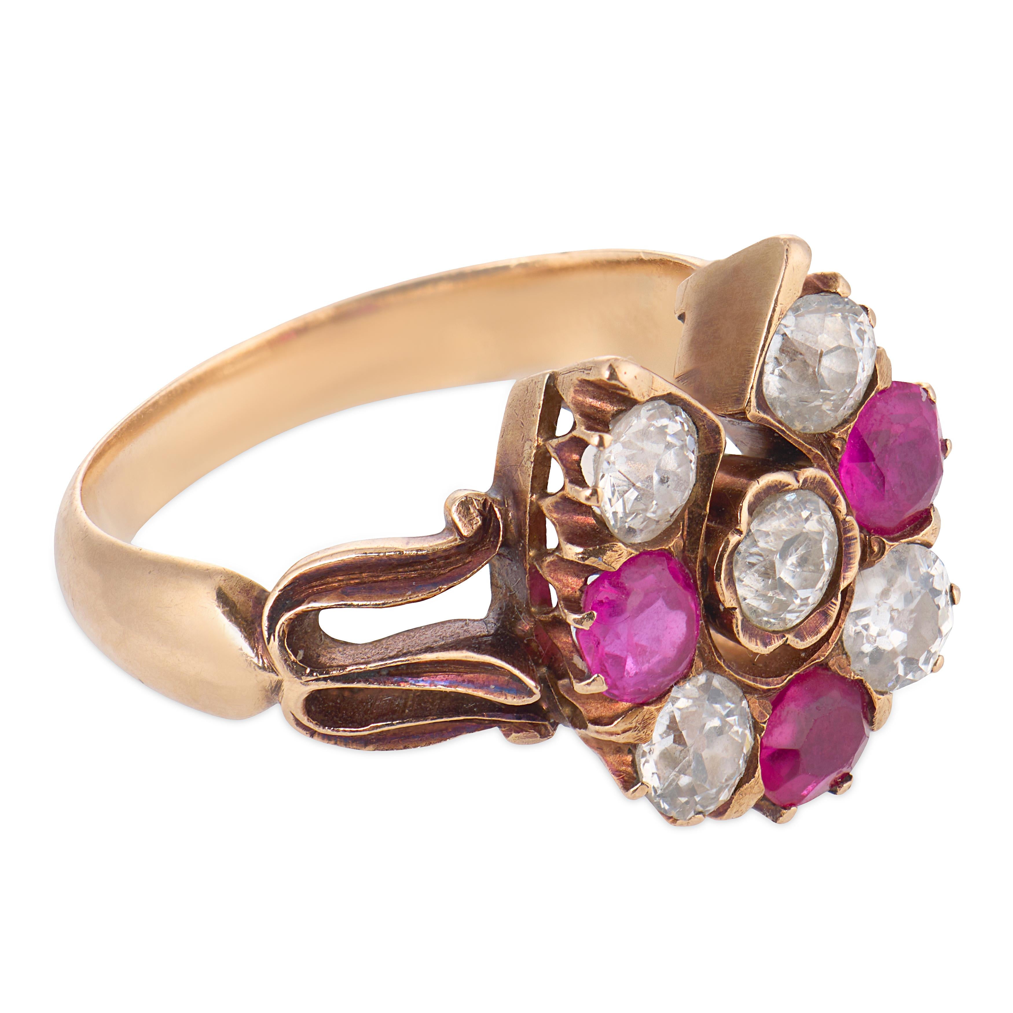 Victorian ruby diamond 14k rose gold horseshoe ring