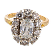 Mid Century GIA 1.01 carat old mine cut diamond 18k gold cluster ring