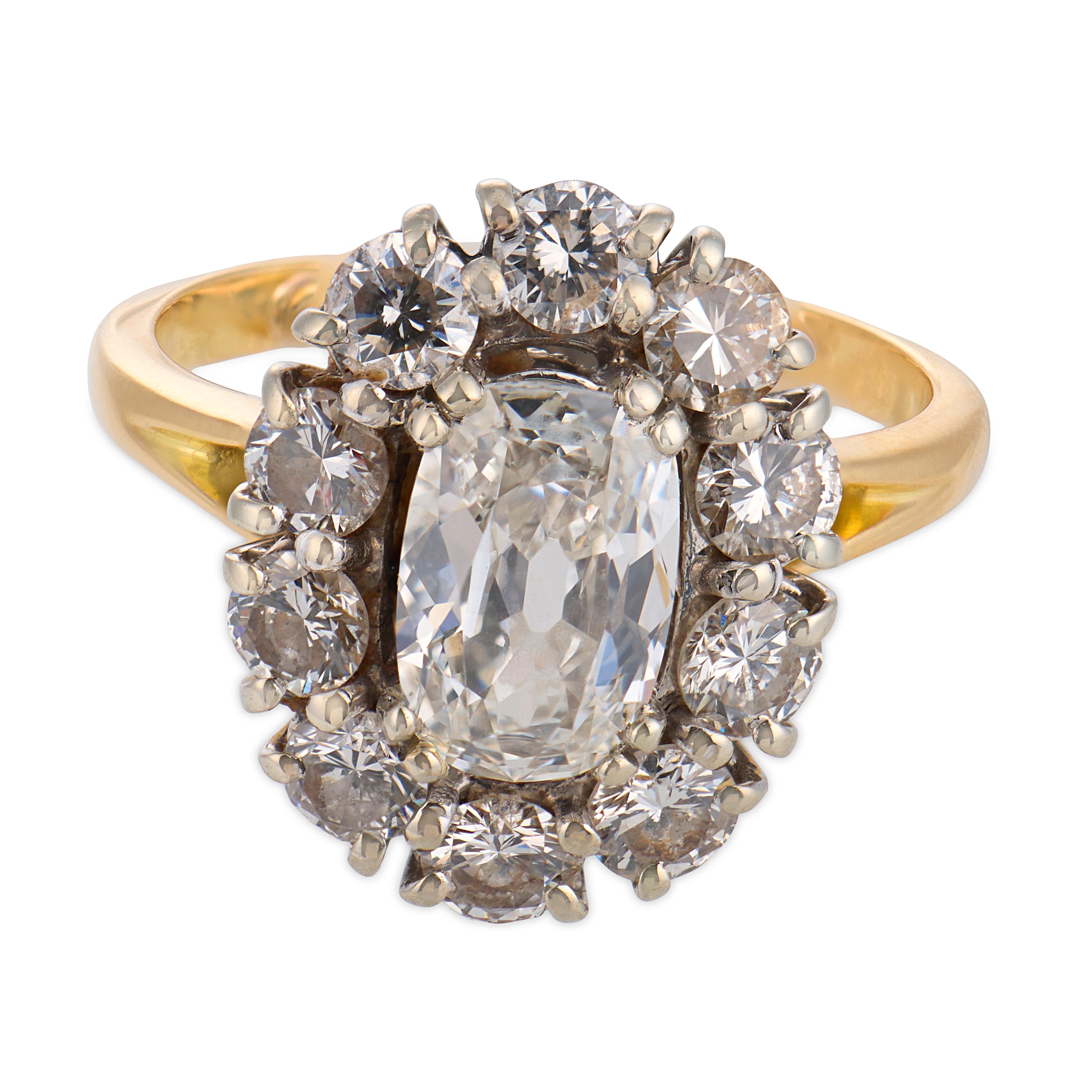 Mid Century GIA 1.01 carat old mine cut diamond 18k gold cluster ring