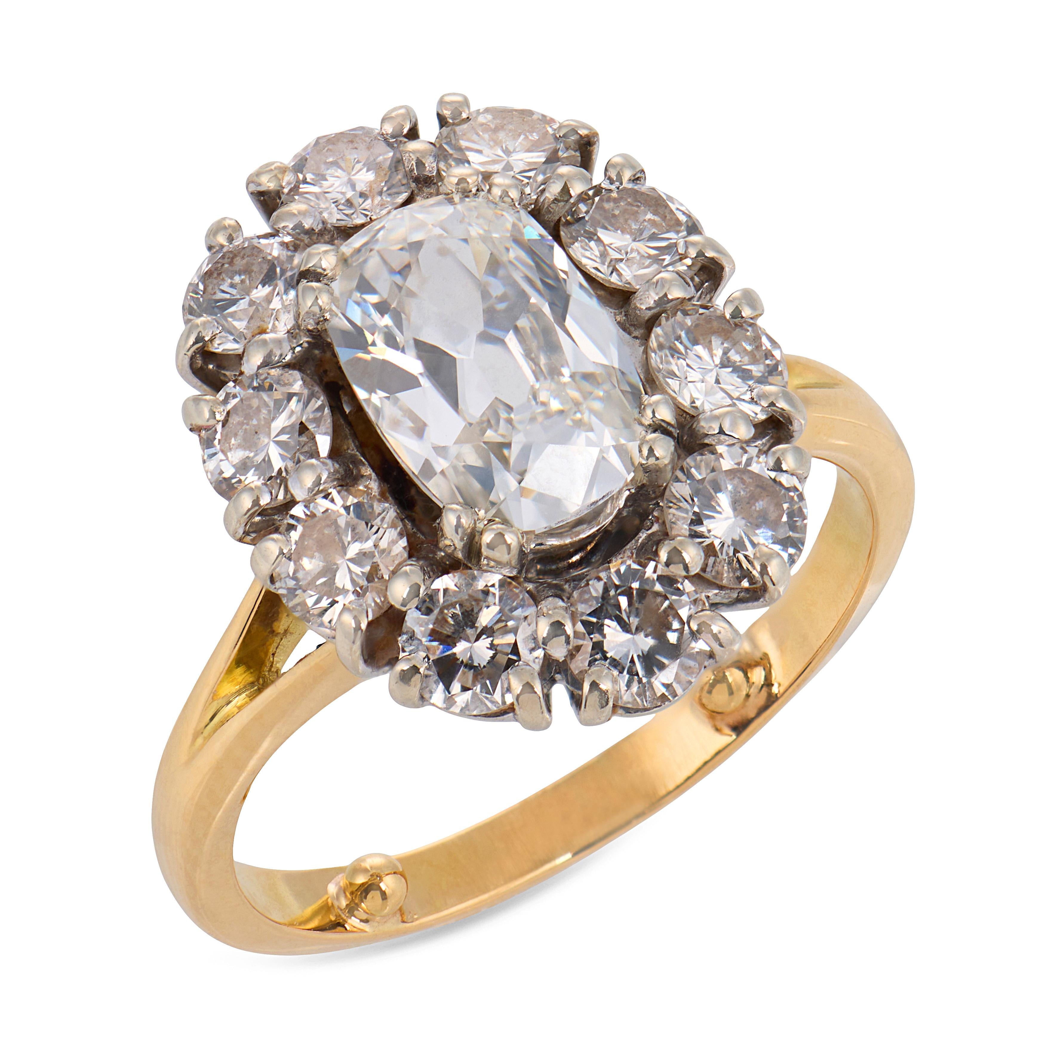 Mid Century GIA 1.01 carat old mine cut diamond 18k gold cluster ring