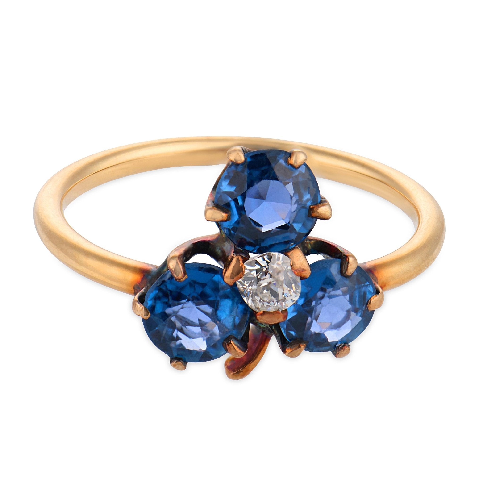 Victorian sapphire diamond 14k yellow gold trefoil ring