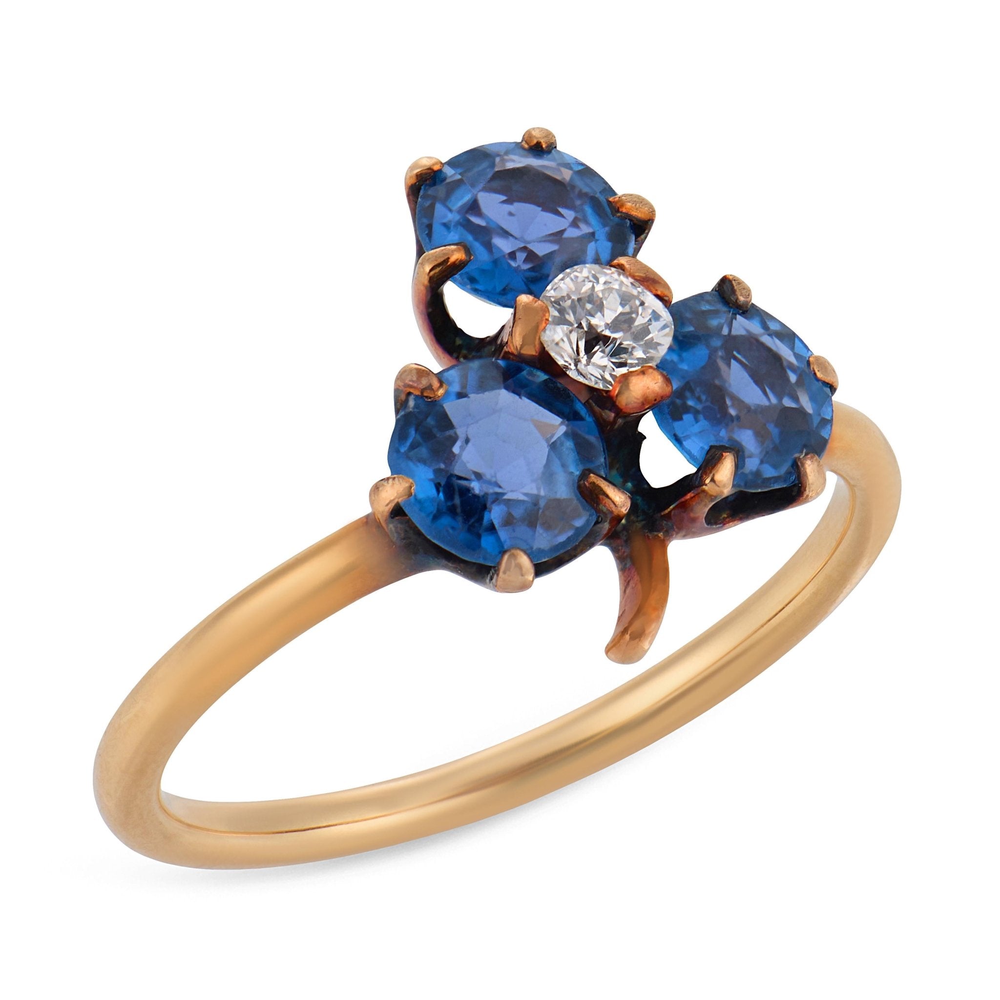 Victorian sapphire diamond 14k yellow gold trefoil ring