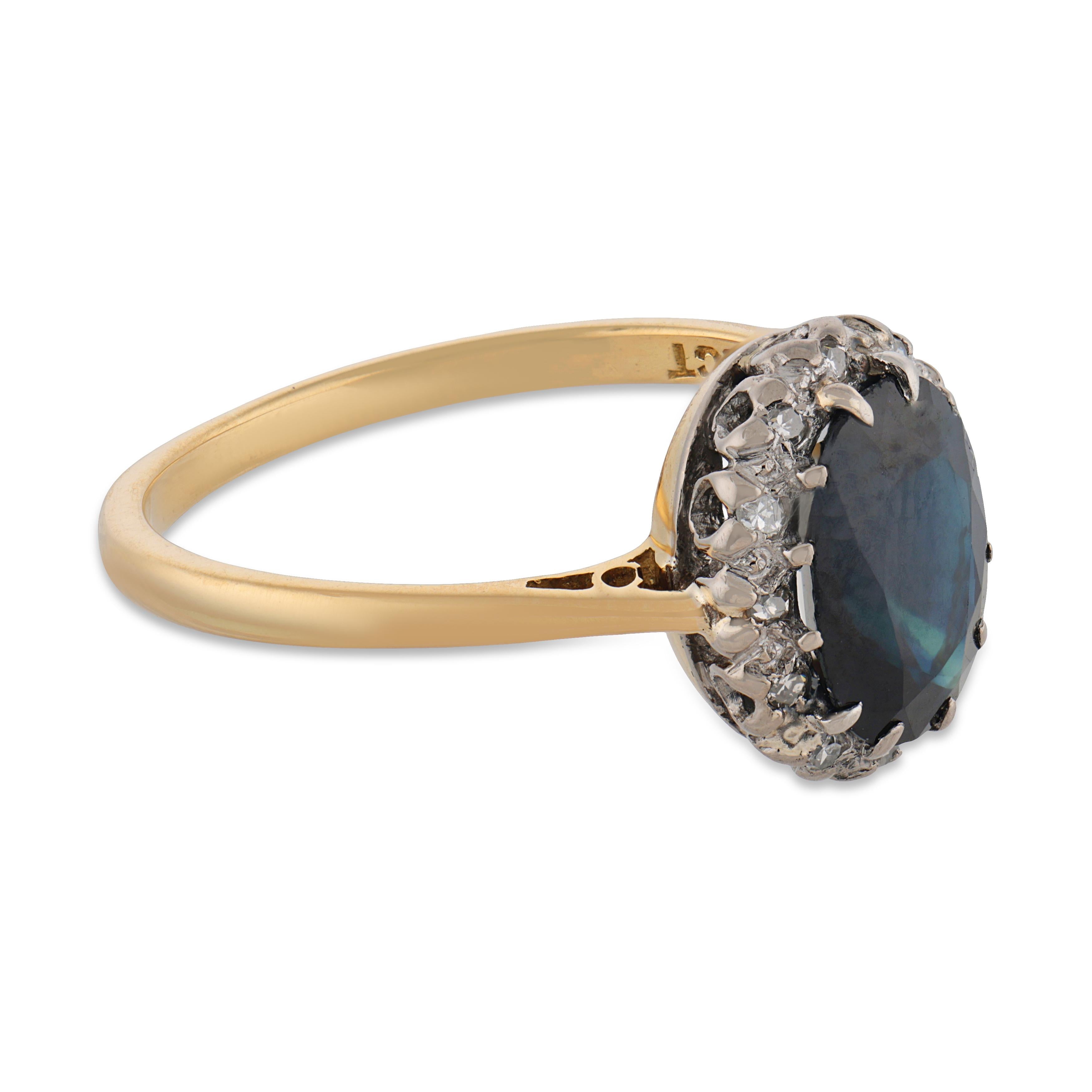 Edwardian 1.60 carat sapphire diamond 18k yellow gold platinum cluster ring