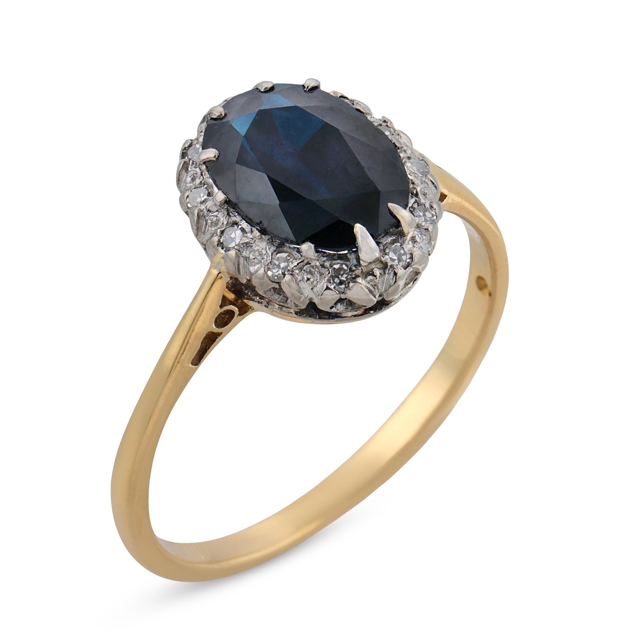 Edwardian 1.60 carat sapphire diamond 18k yellow gold platinum cluster ring