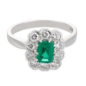 Vintage Colombian emerald diamond 18k white gold cluster ring