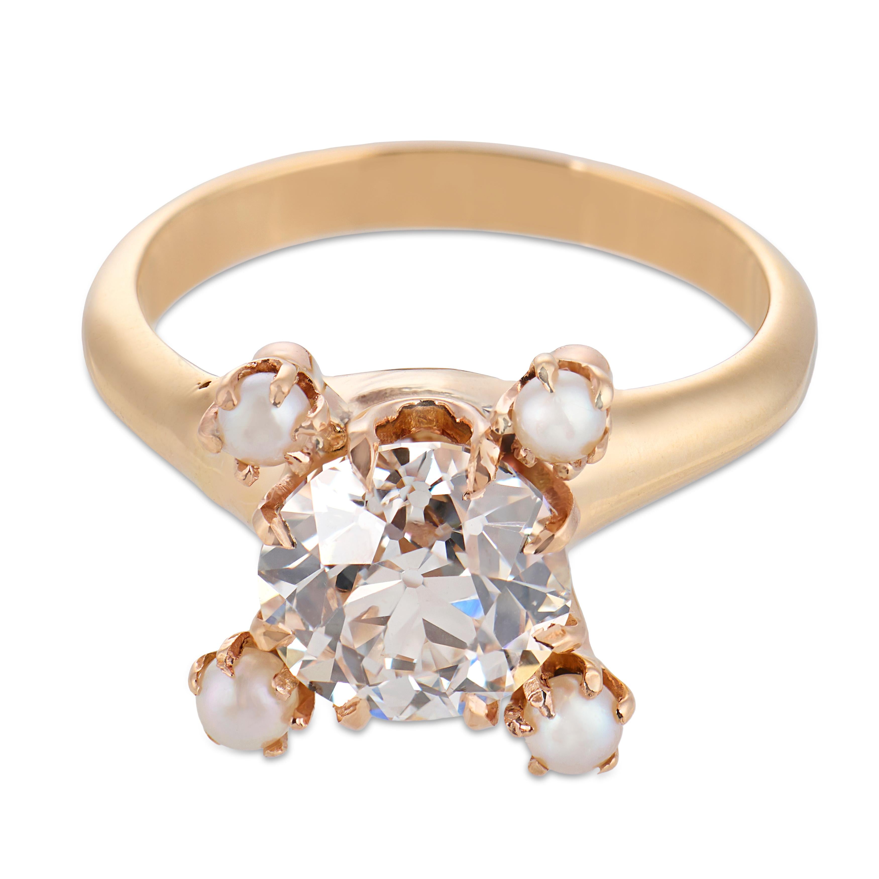 Victorian GIA 1.56 carat old European cut diamond seed pearl 18k gold ring
