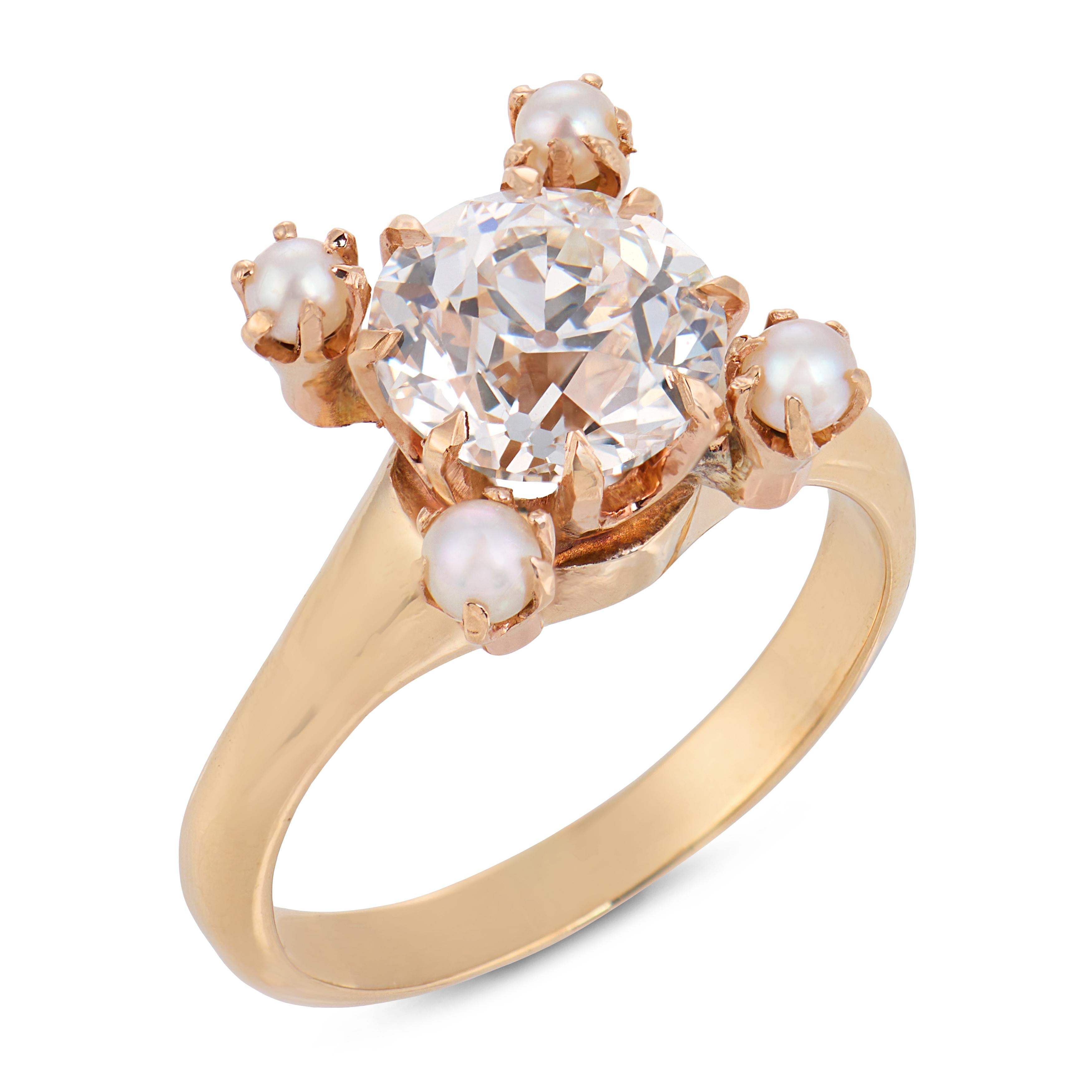 Victorian GIA 1.56 carat old European cut diamond seed pearl 18k gold ring
