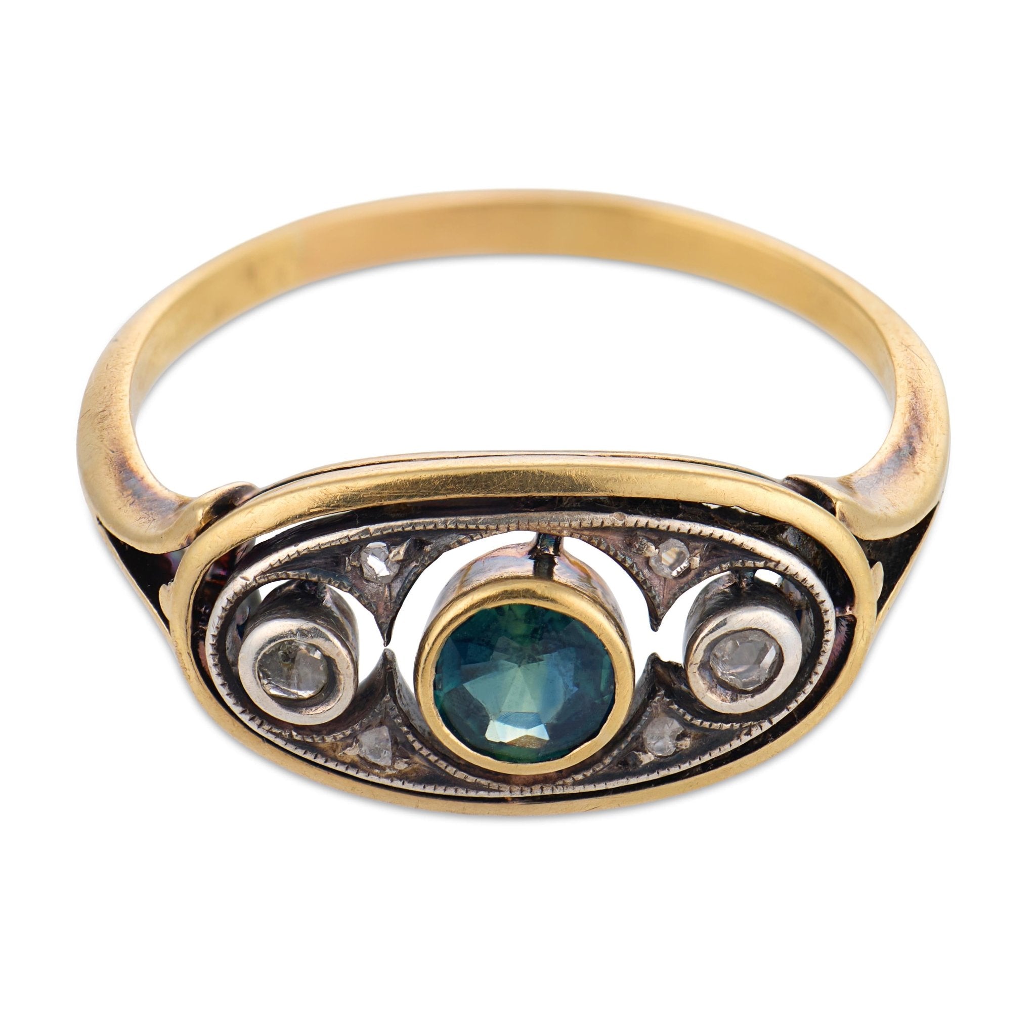 Victorian sapphire diamond 14k yellow gold and silver three stone ring