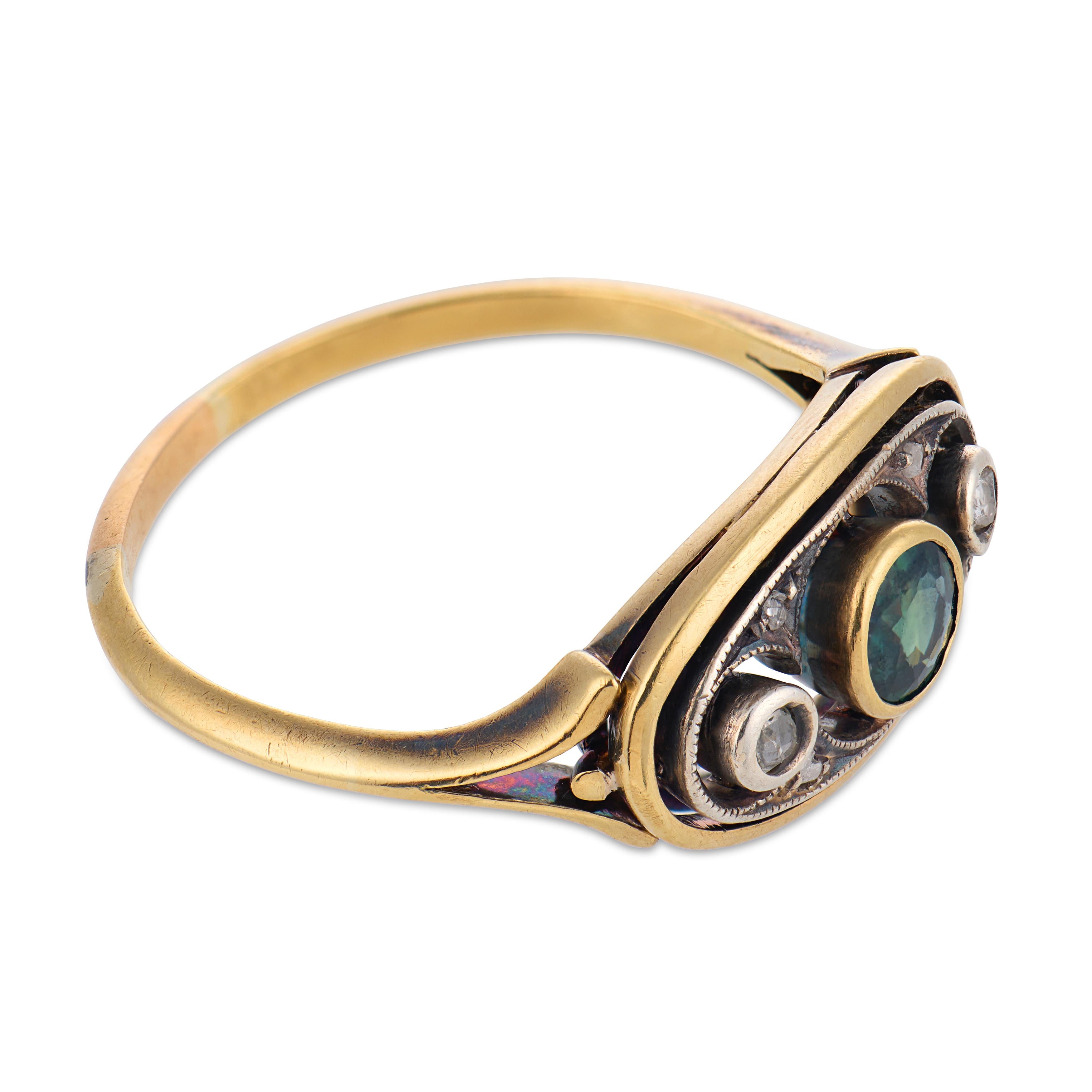 Victorian sapphire diamond 14k yellow gold and silver three stone ring