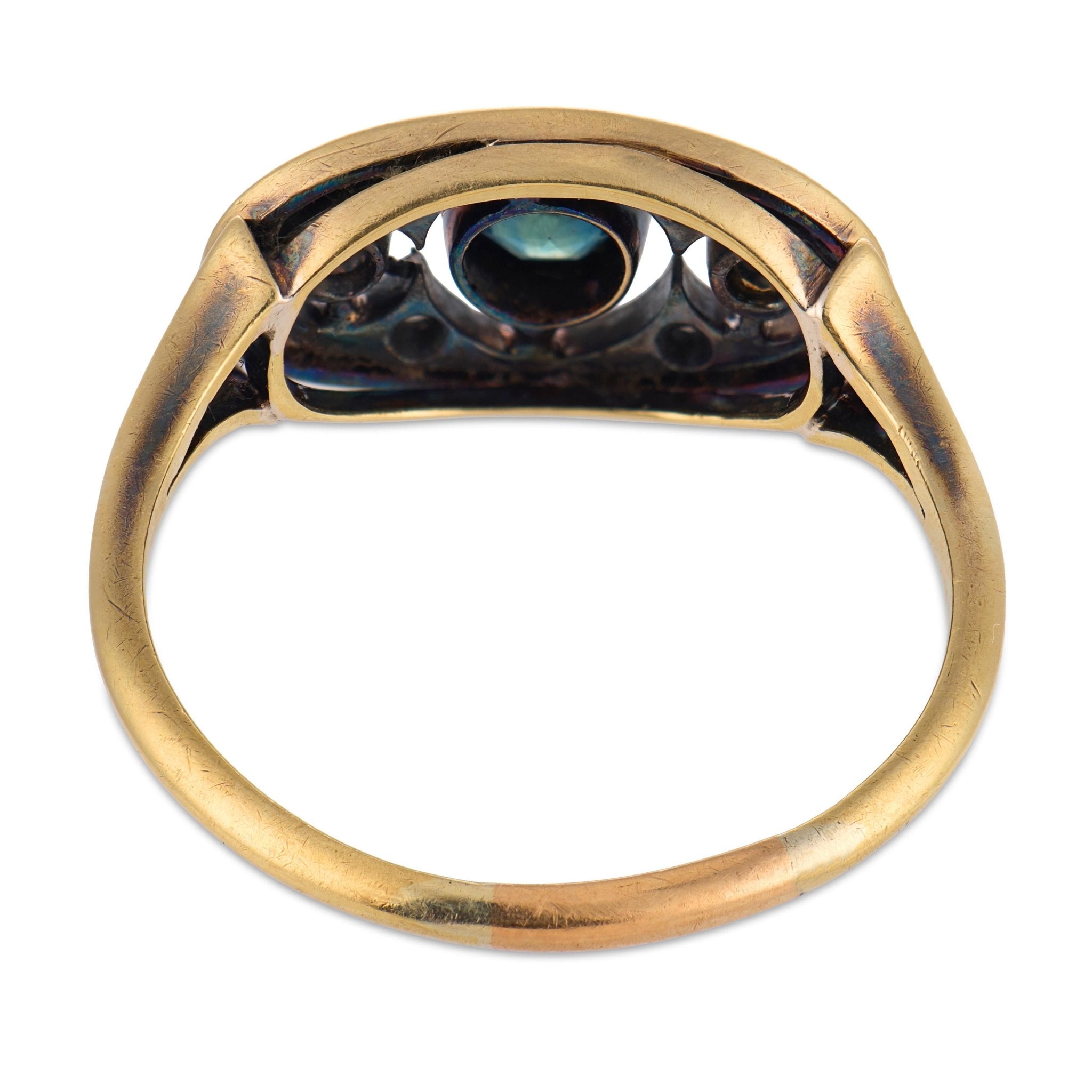 Victorian sapphire diamond 14k yellow gold and silver three stone ring