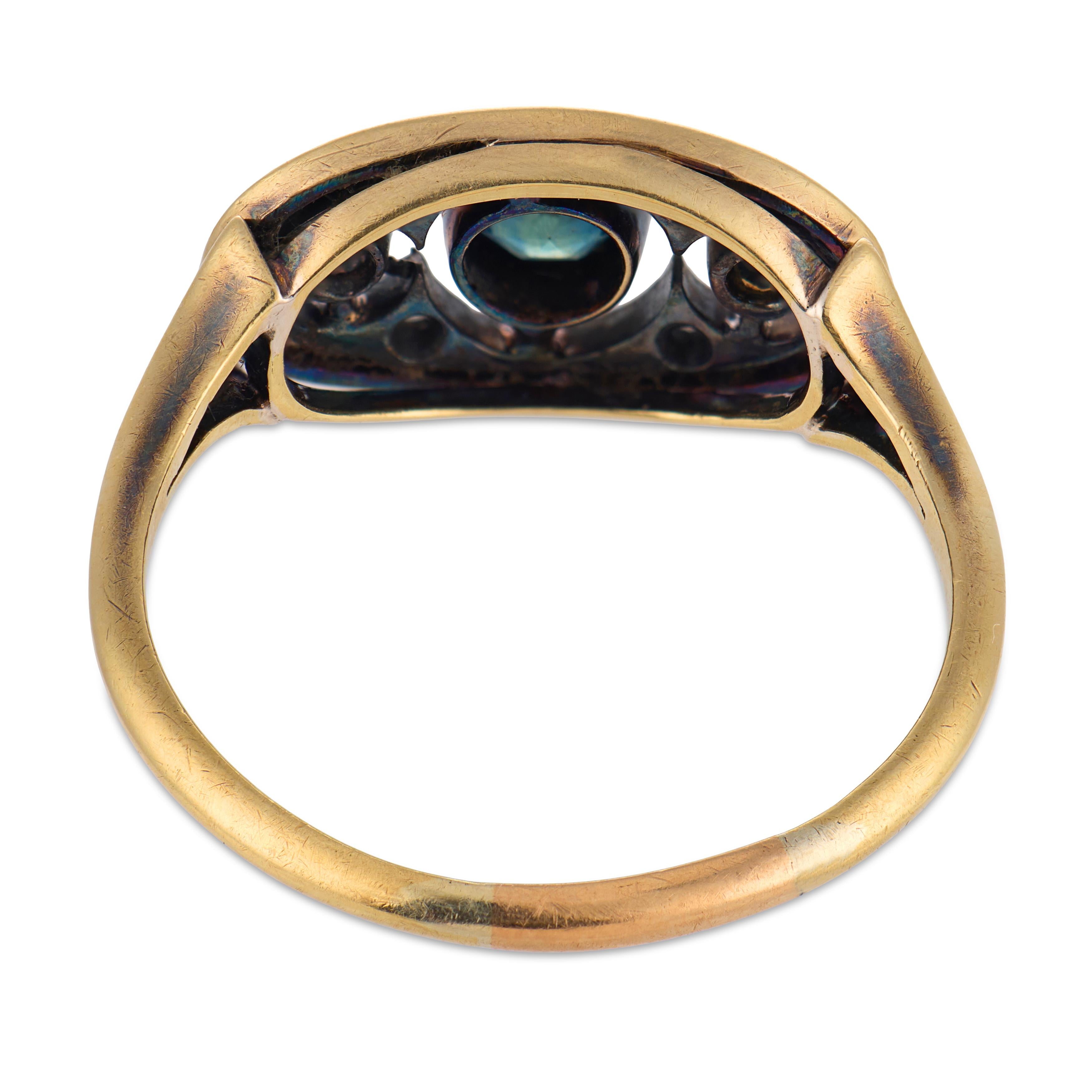 Victorian sapphire diamond 14k yellow gold and silver three stone ring