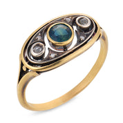Victorian sapphire diamond 14k yellow gold and silver three stone ring