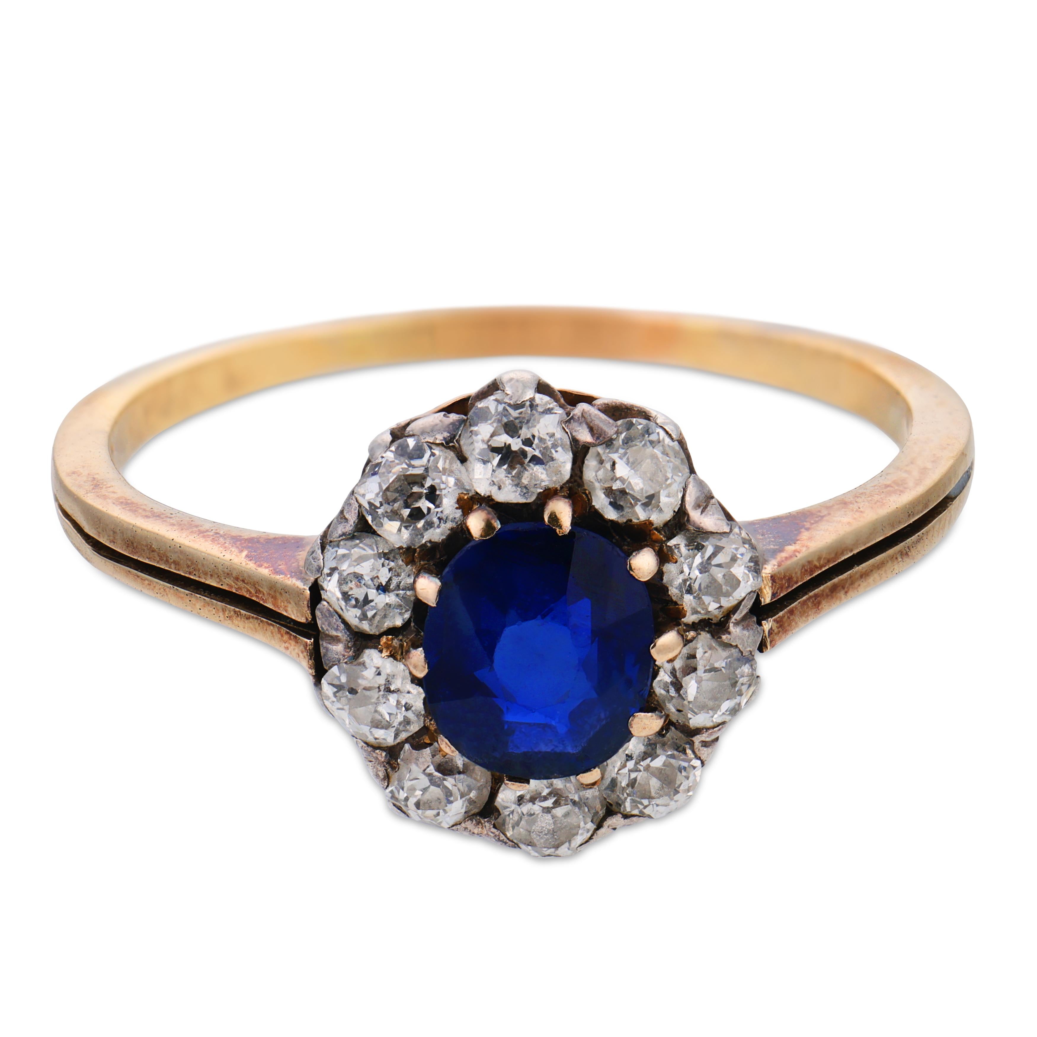 Victorian GIA no heat sapphire diamond 14k yellow gold and silver ring
