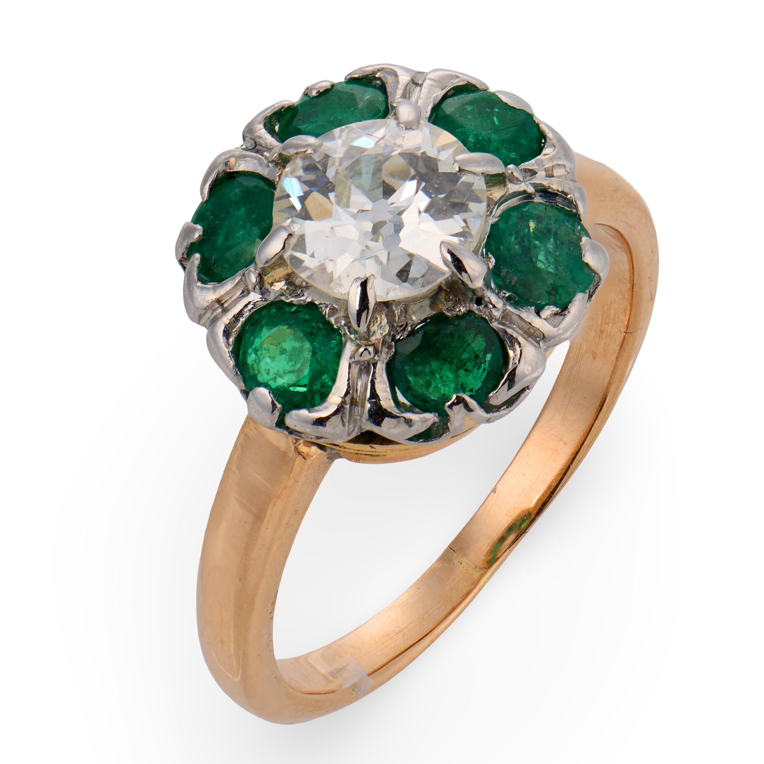 Edwardian diamond emerald 18k yellow gold cluster ring