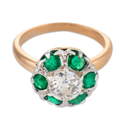 Edwardian diamond emerald 18k yellow gold cluster ring