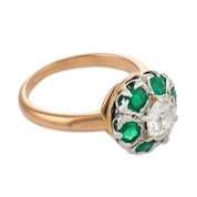 Edwardian diamond emerald 18k yellow gold cluster ring