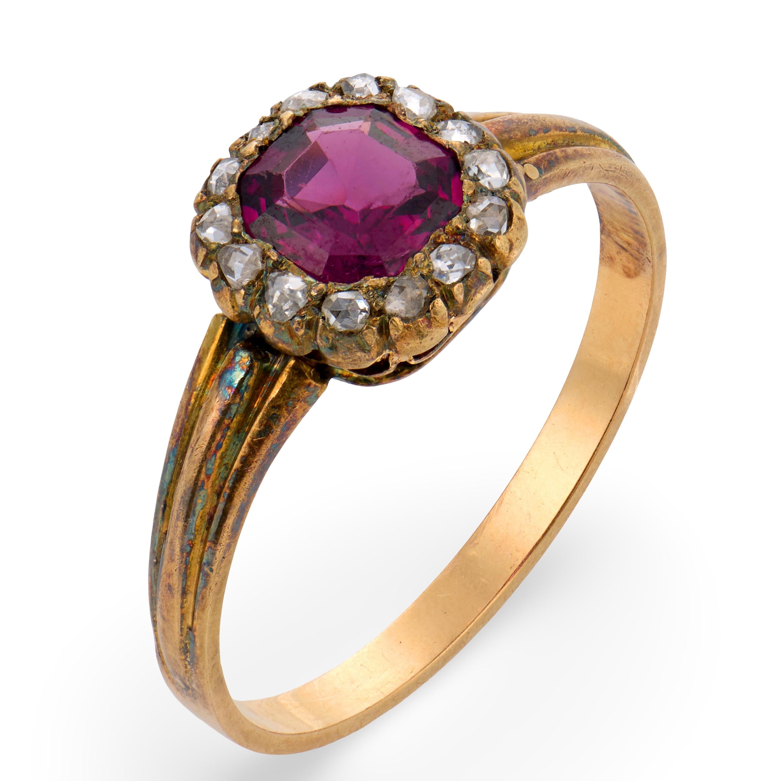 Victorian rubellite diamond 18k yellow gold cluster ring