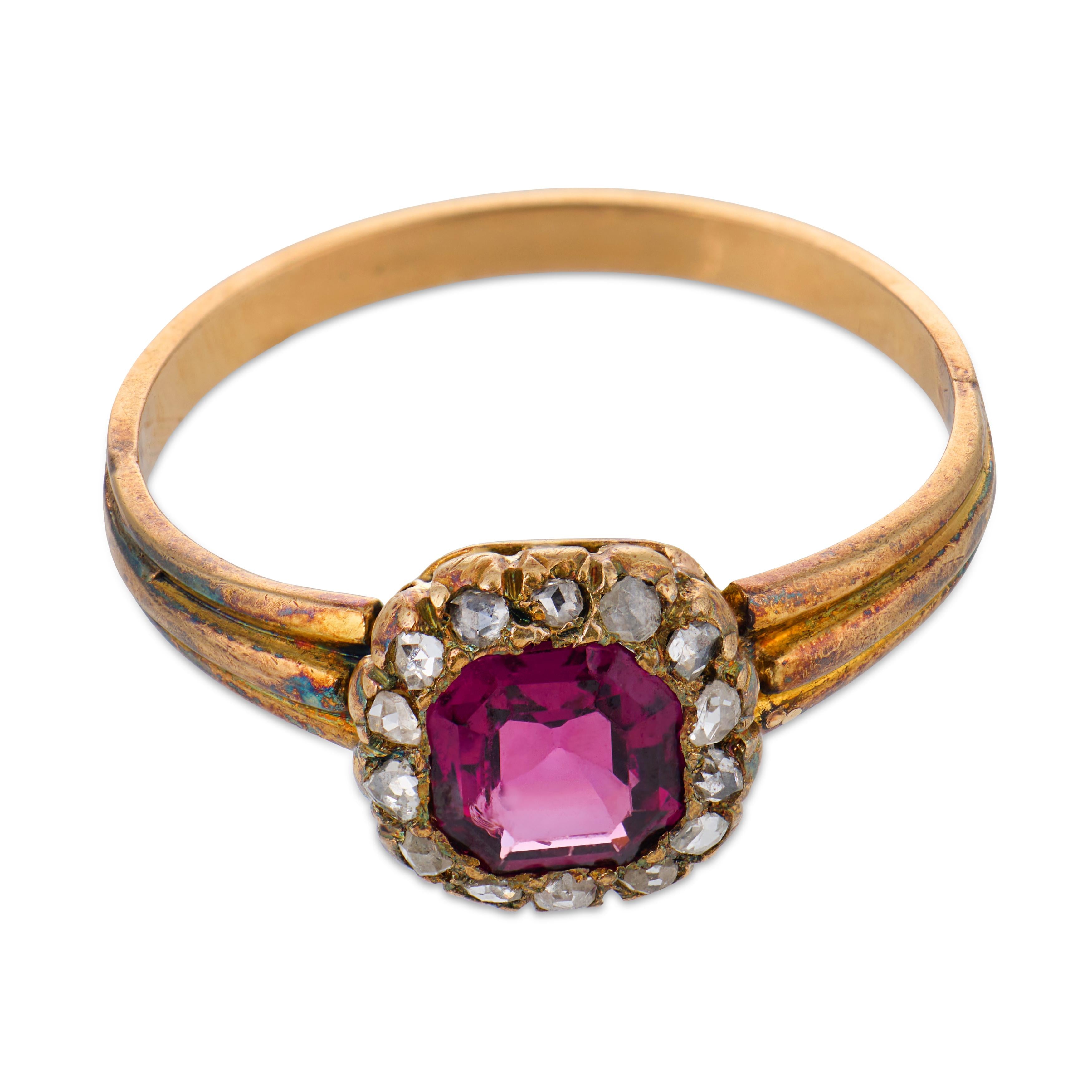 Victorian rubellite diamond 18k yellow gold cluster ring