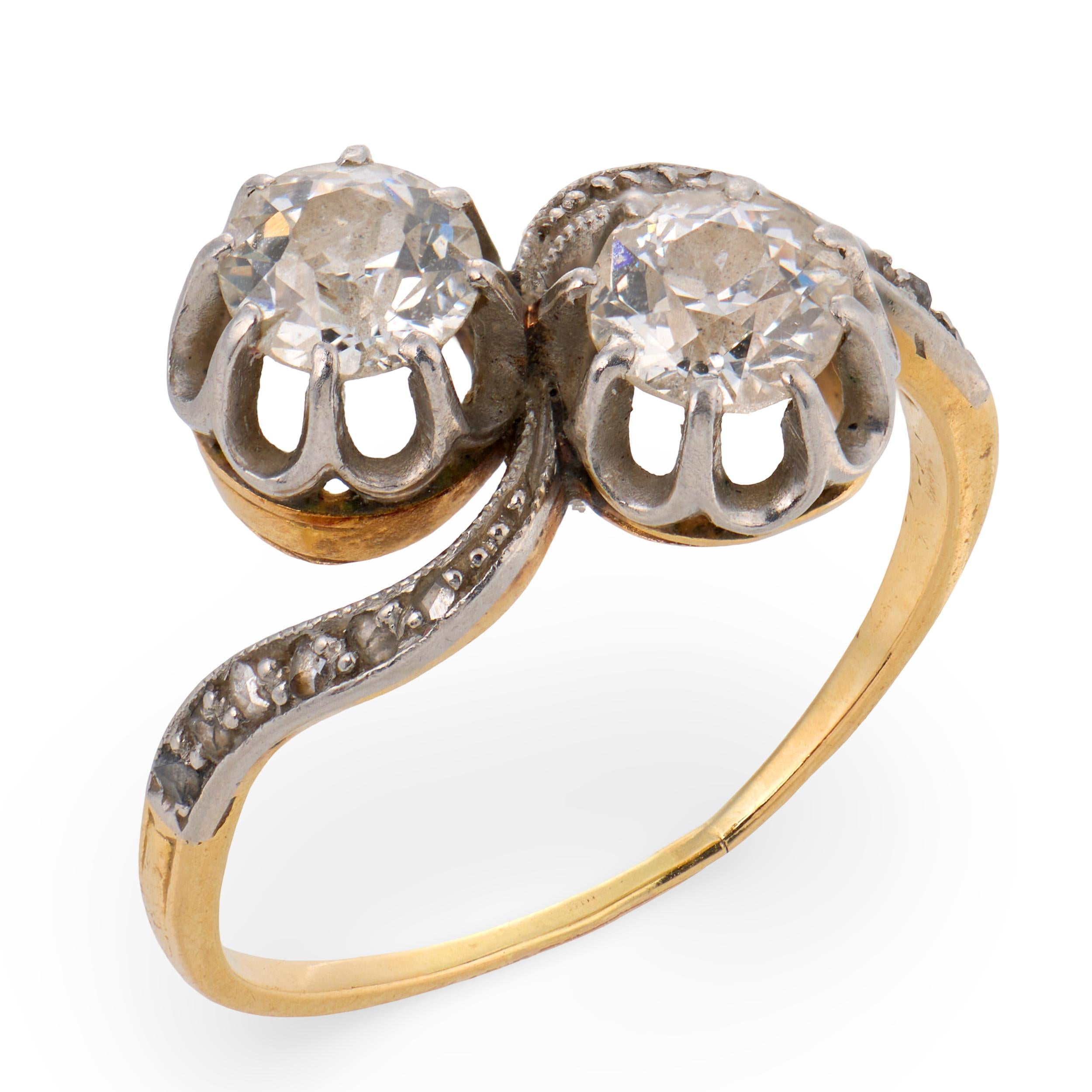 Edwardian diamond 18k yellow gold Toi Et Moi ring