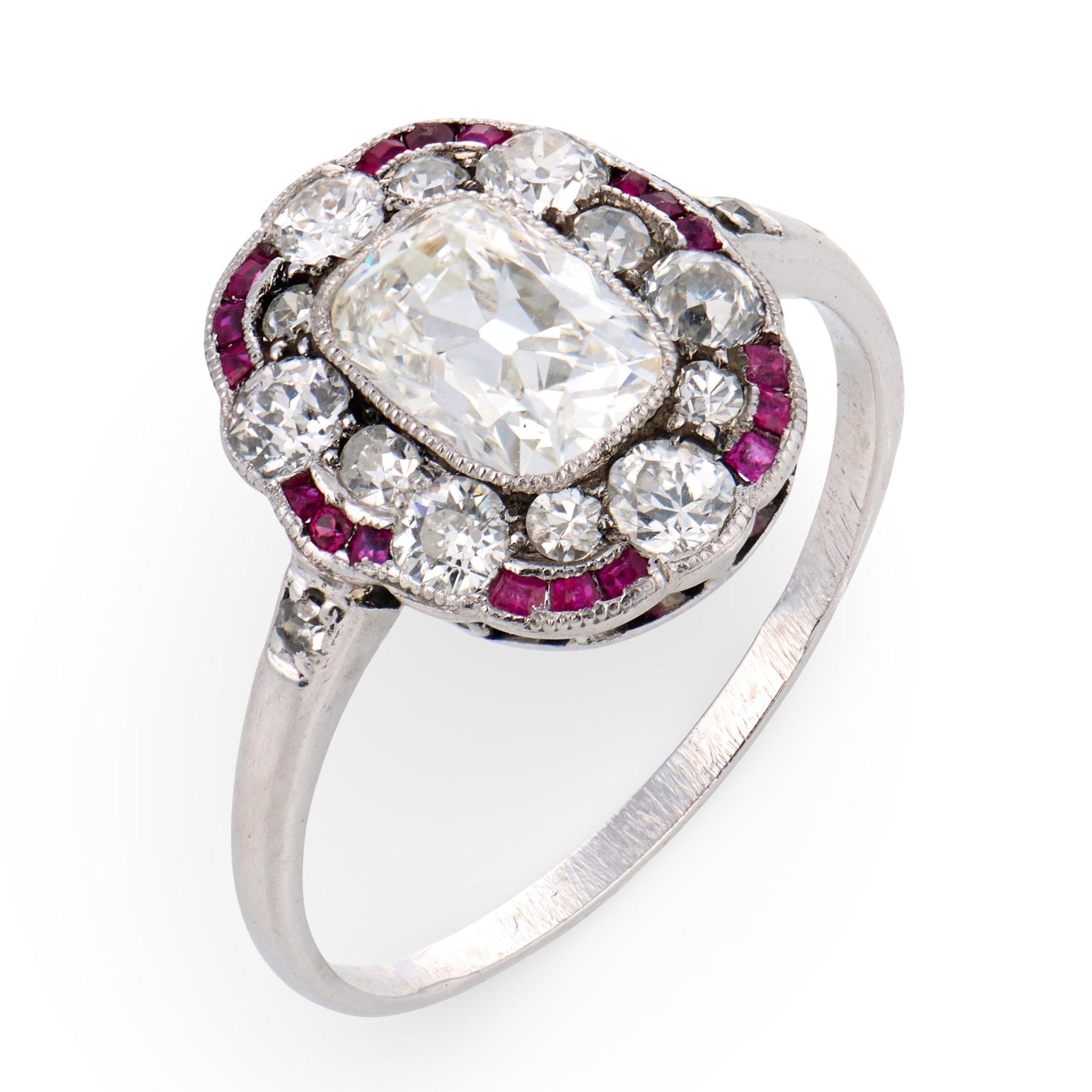 Art Deco GIA 1.00 carat diamond ruby platinum engagement ring