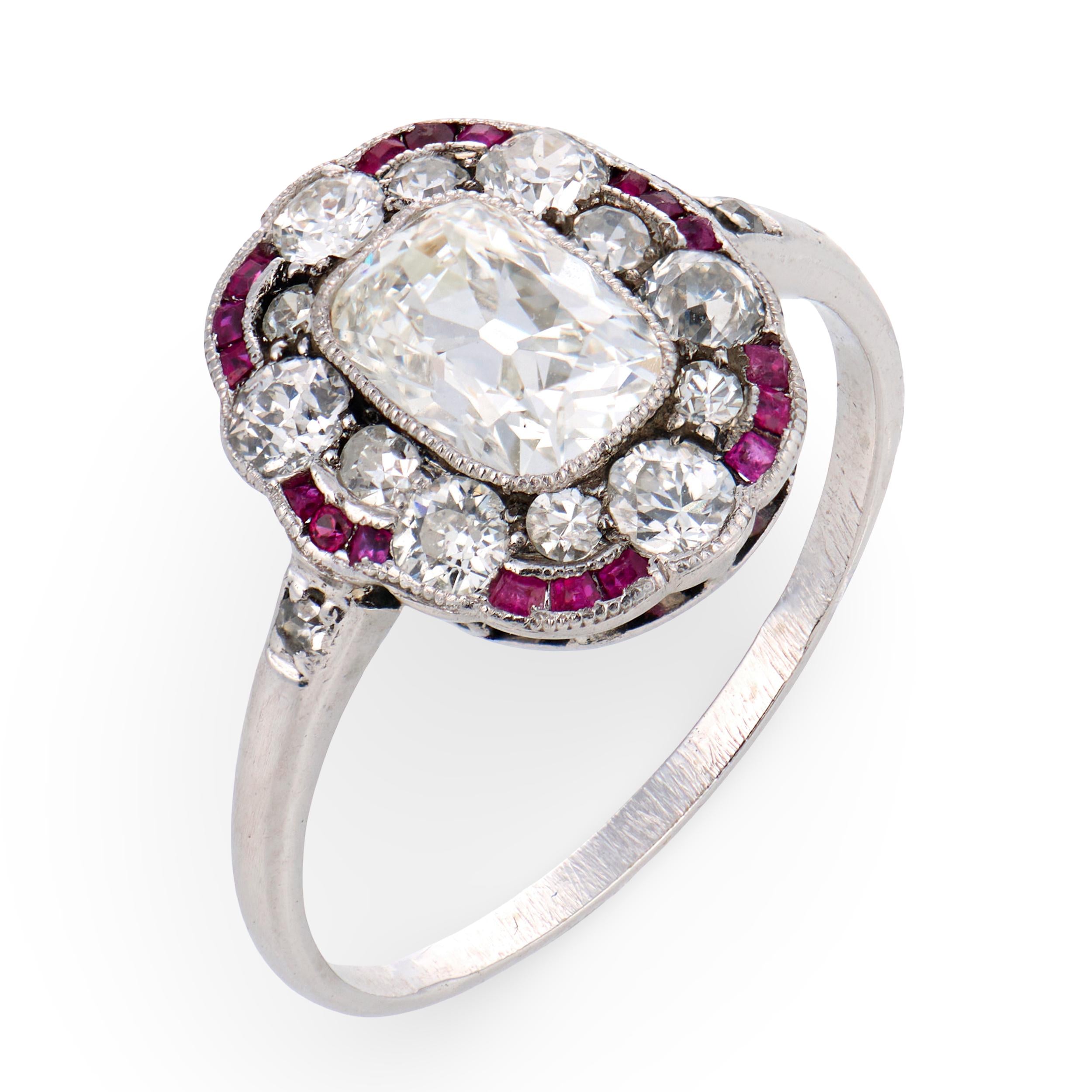 Art Deco GIA 1.00 carat diamond ruby platinum engagement ring
