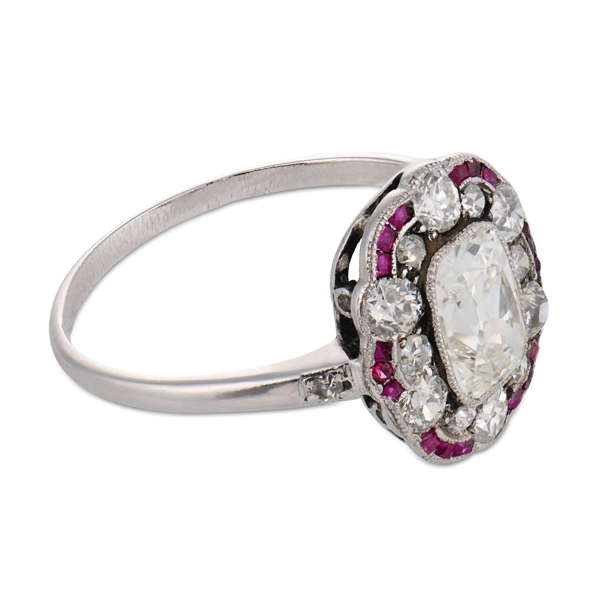 Art Deco GIA 1.00 carat diamond ruby platinum engagement ring