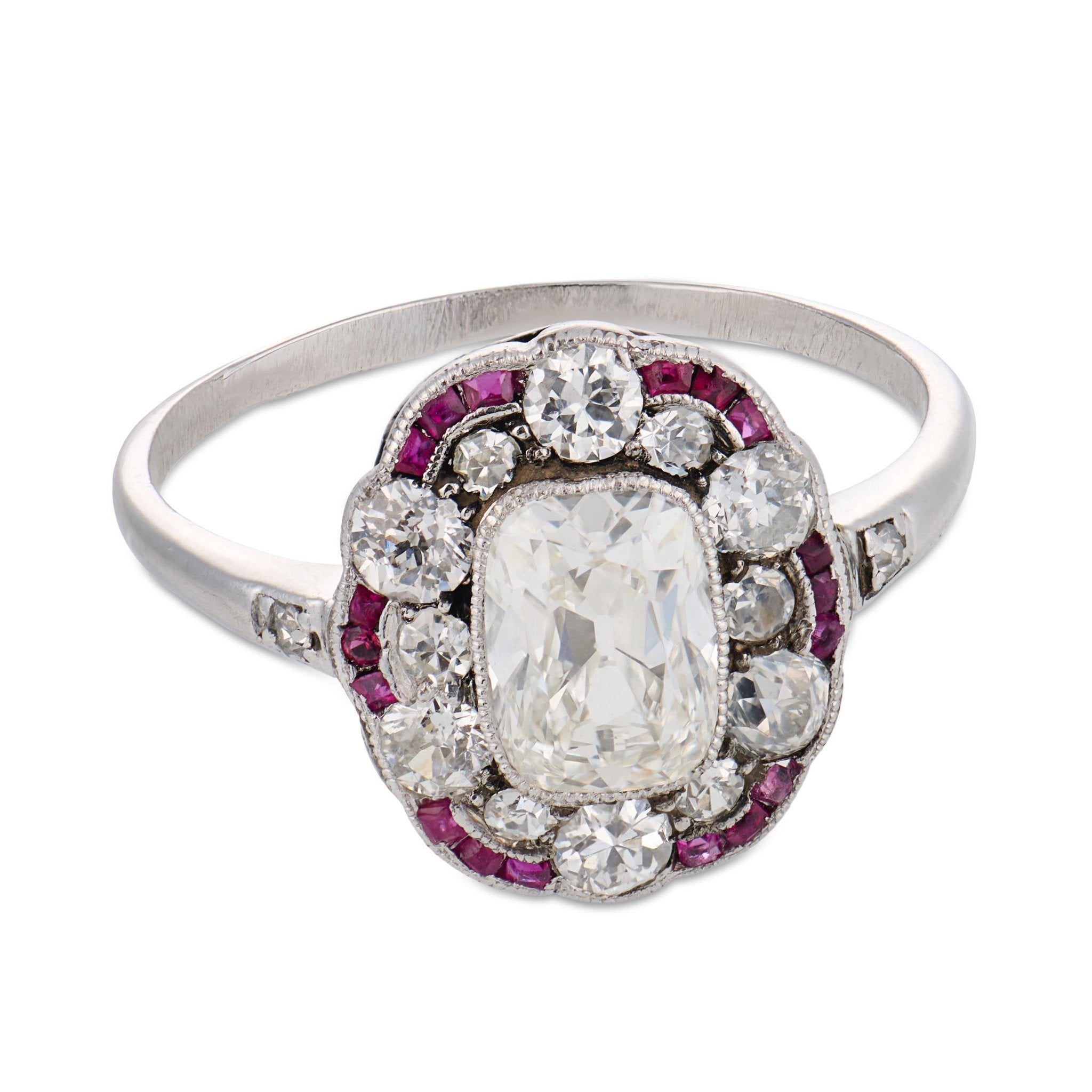 Art Deco GIA 1.00 carat diamond ruby platinum engagement ring