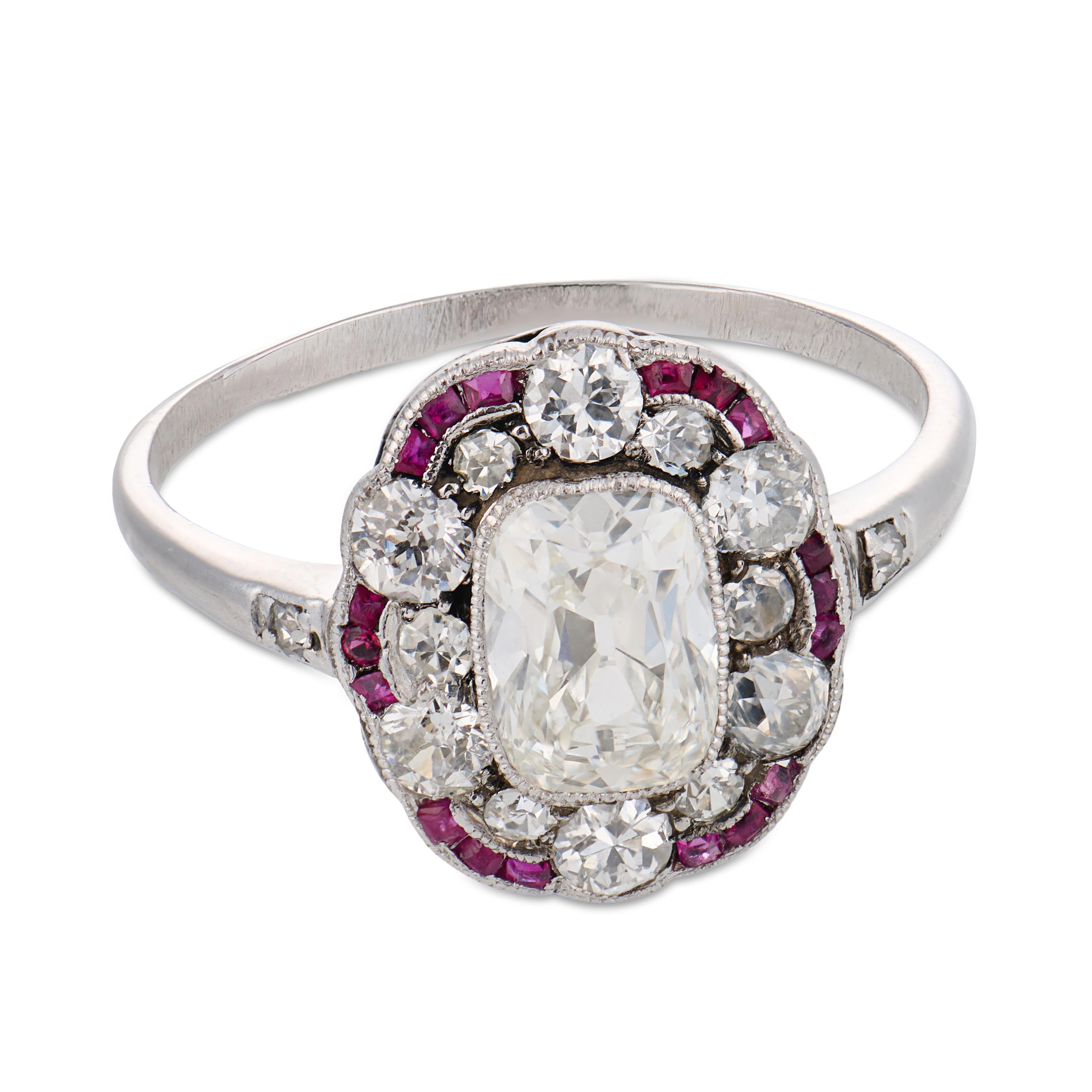 Art Deco GIA 1.00 carat diamond ruby platinum engagement ring