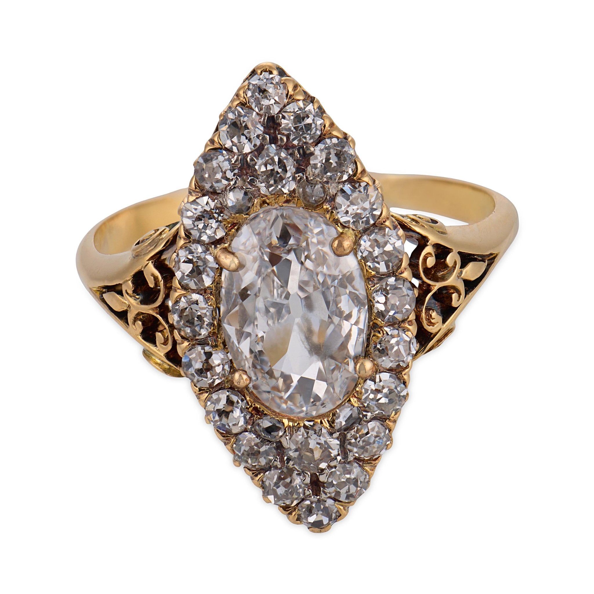 Victorian GIA 1.30 carat diamond 18k yellow gold navette ring