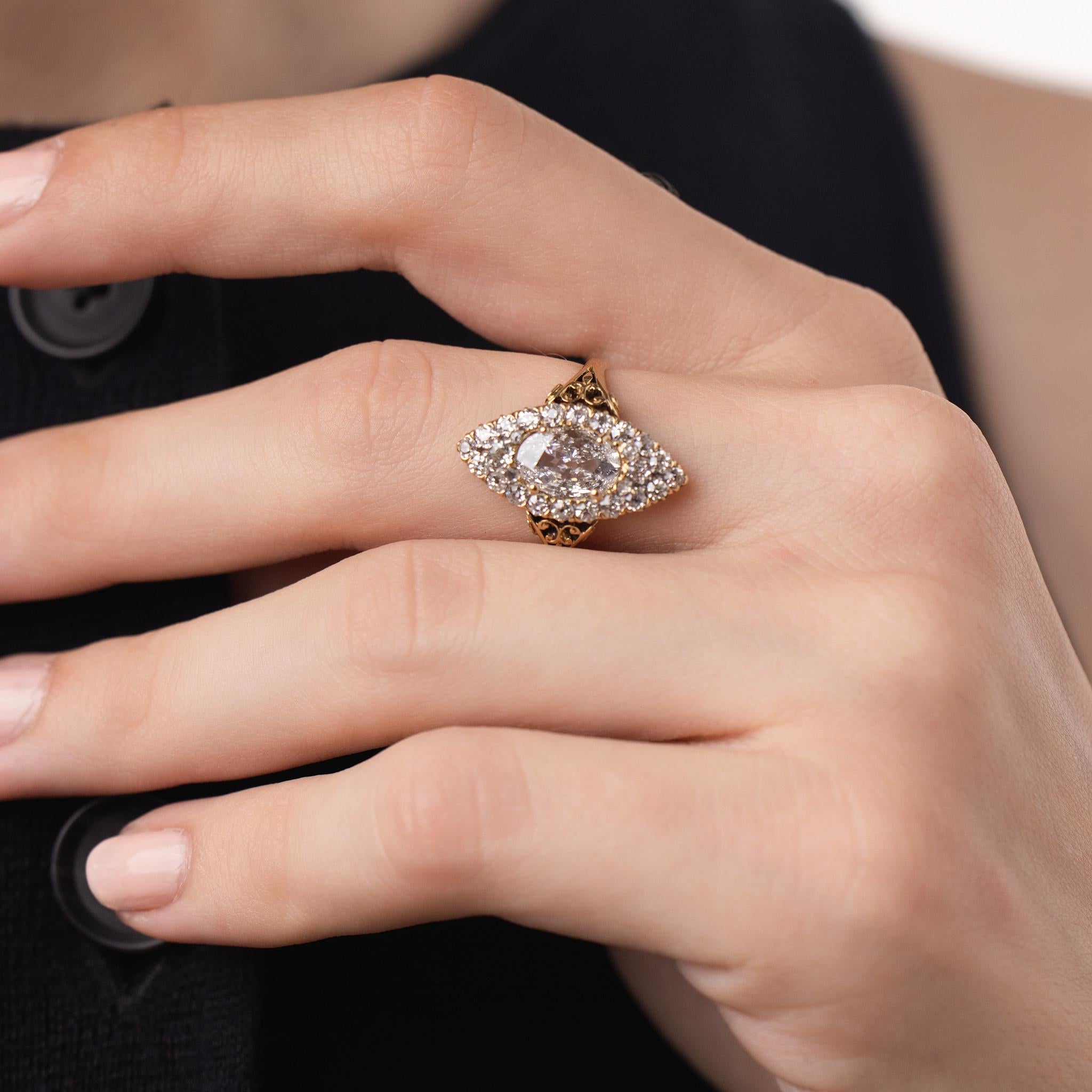 Victorian GIA 1.30 carat diamond 18k yellow gold navette ring