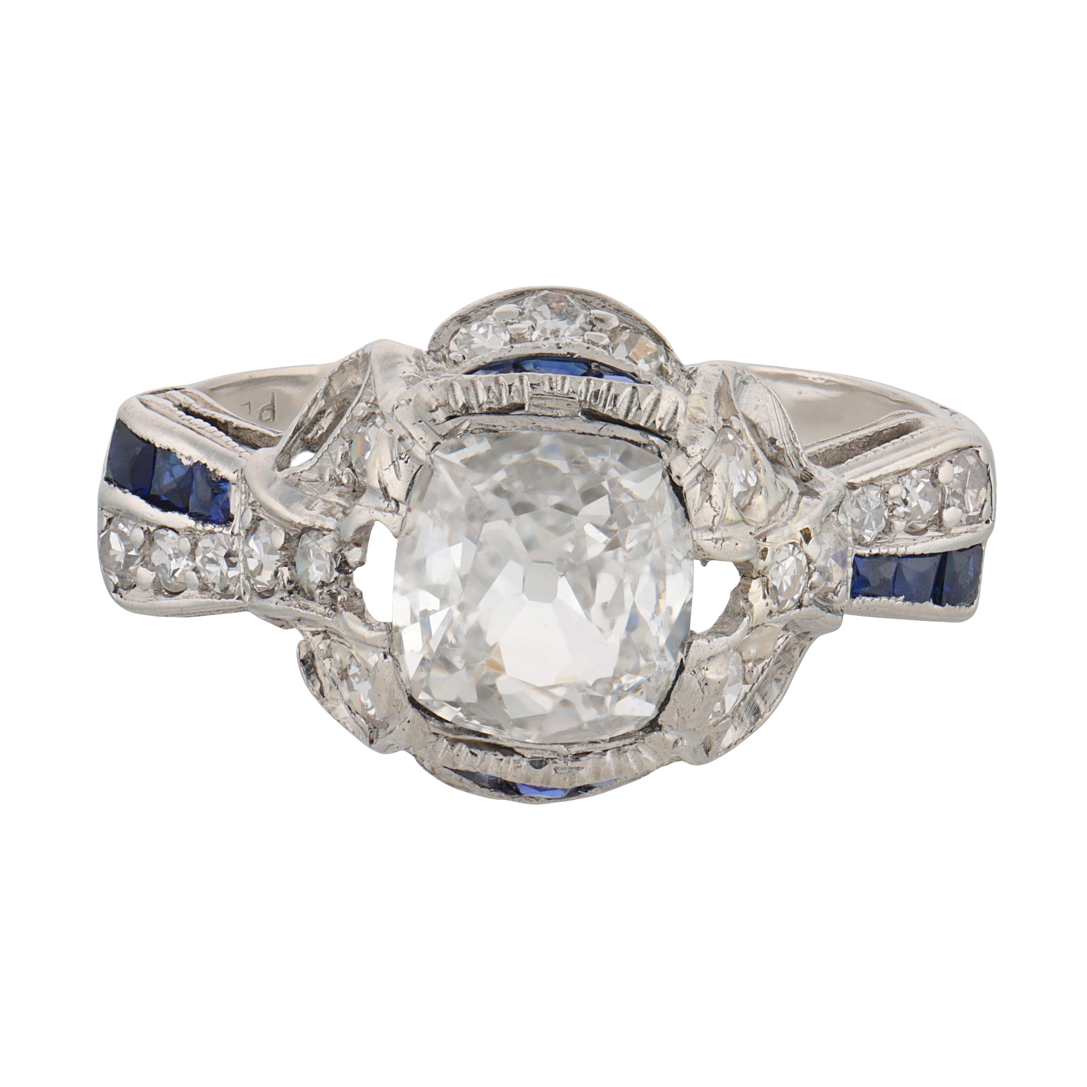 Art Deco GIA 1.18 carat diamond sapphire platinum ring