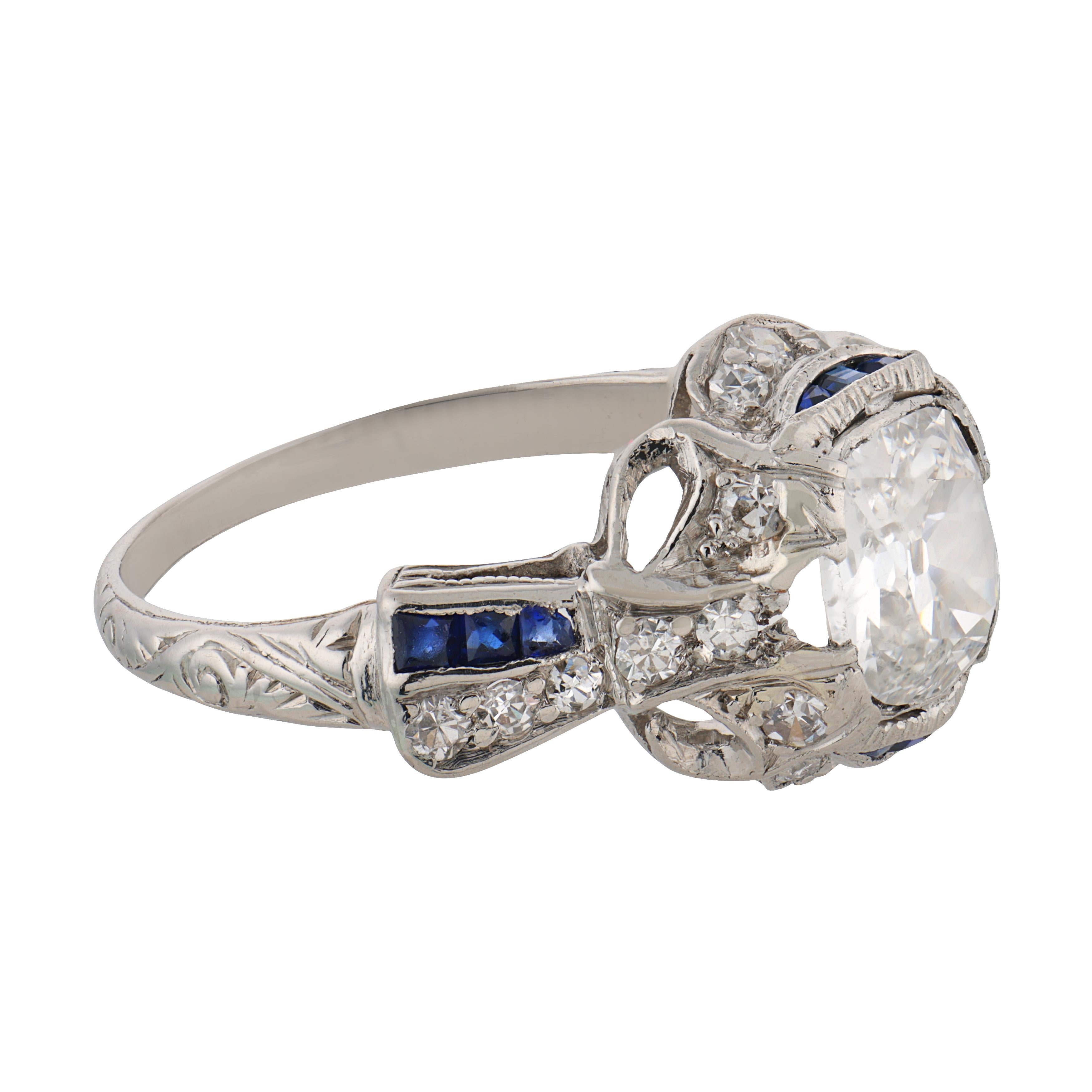 Art Deco GIA 1.18 carat diamond sapphire platinum ring
